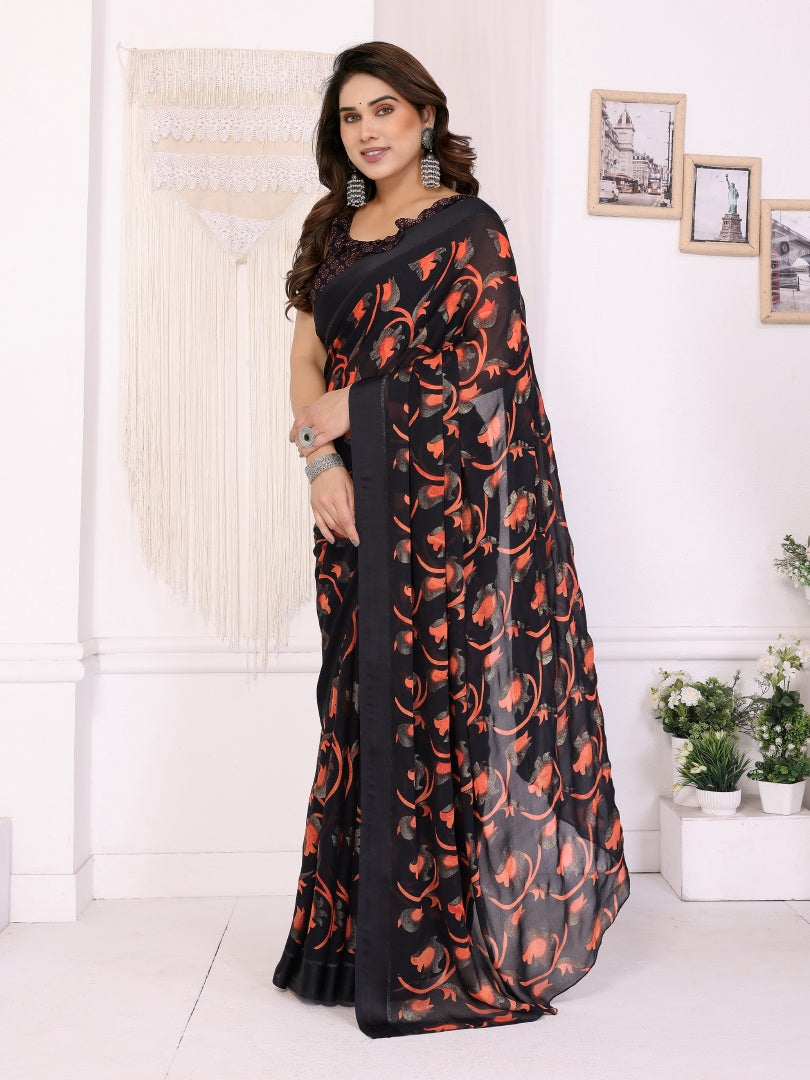 Black Printed Ready Wear Bright Moss Satin Patta Saree with Small Lace & Matching Blouse