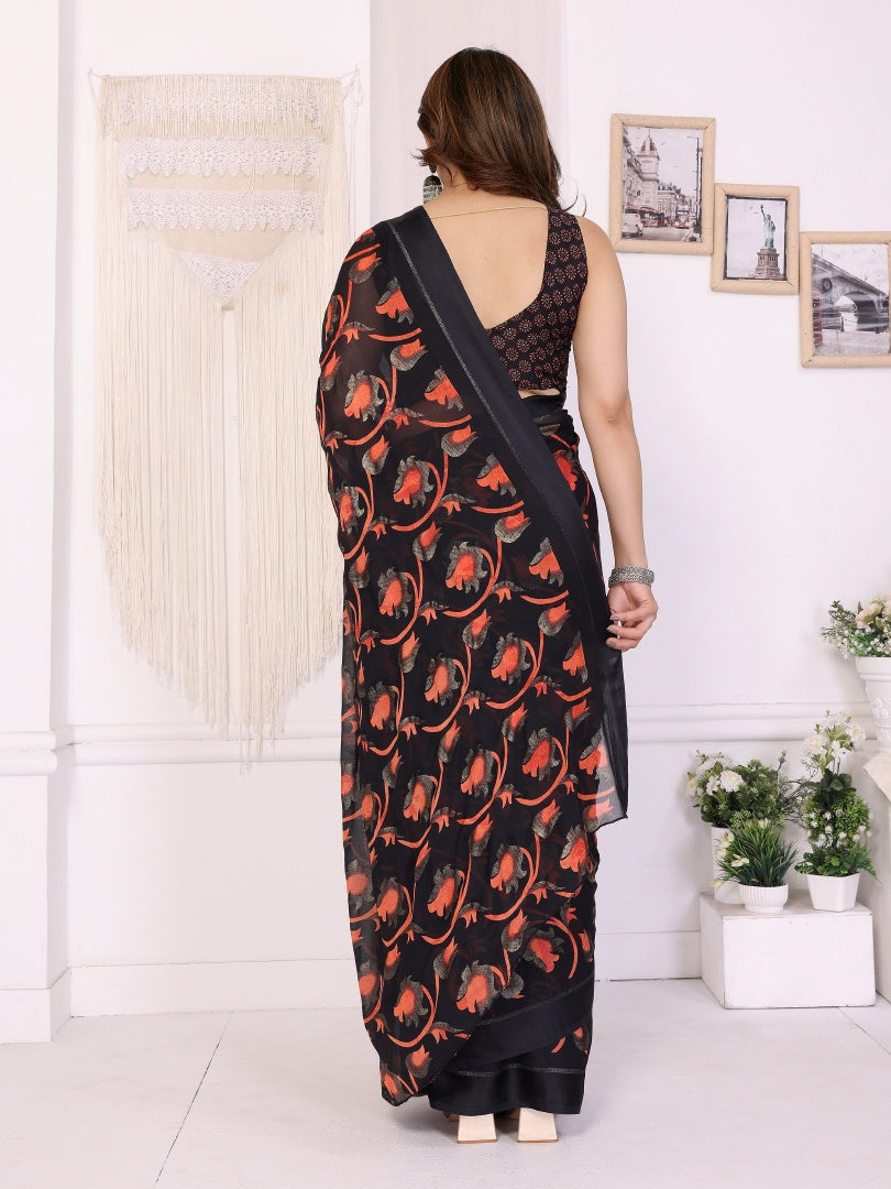 Black Printed Ready Wear Bright Moss Satin Patta Saree with Small Lace & Matching Blouse