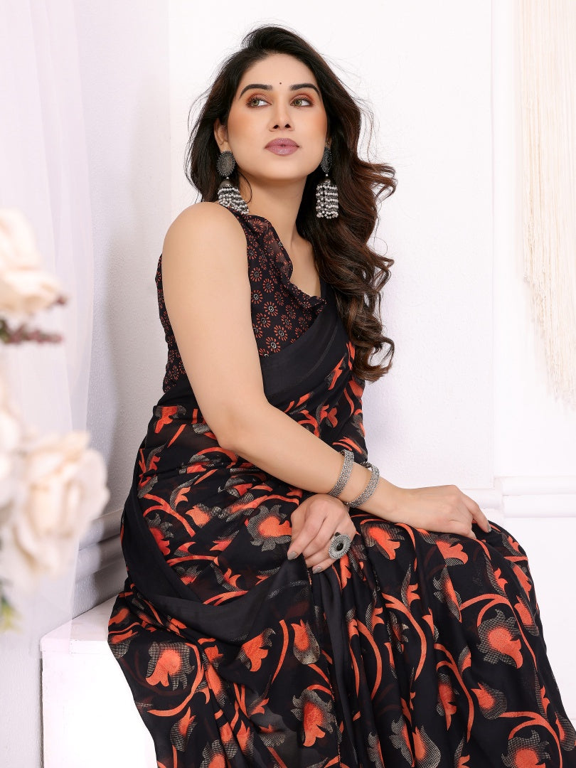 Black Printed Ready Wear Bright Moss Satin Patta Saree with Small Lace & Matching Blouse