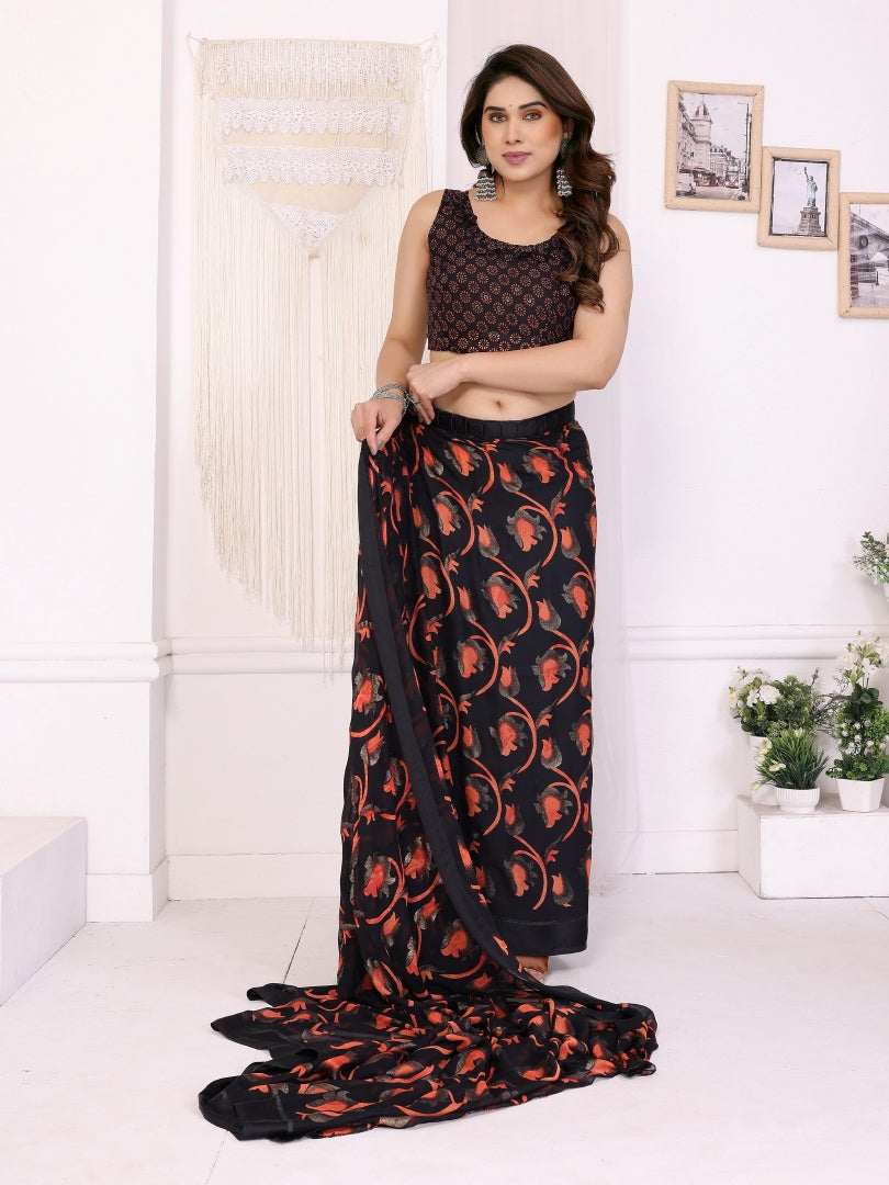Black Printed Ready Wear Bright Moss Satin Patta Saree with Small Lace & Matching Blouse