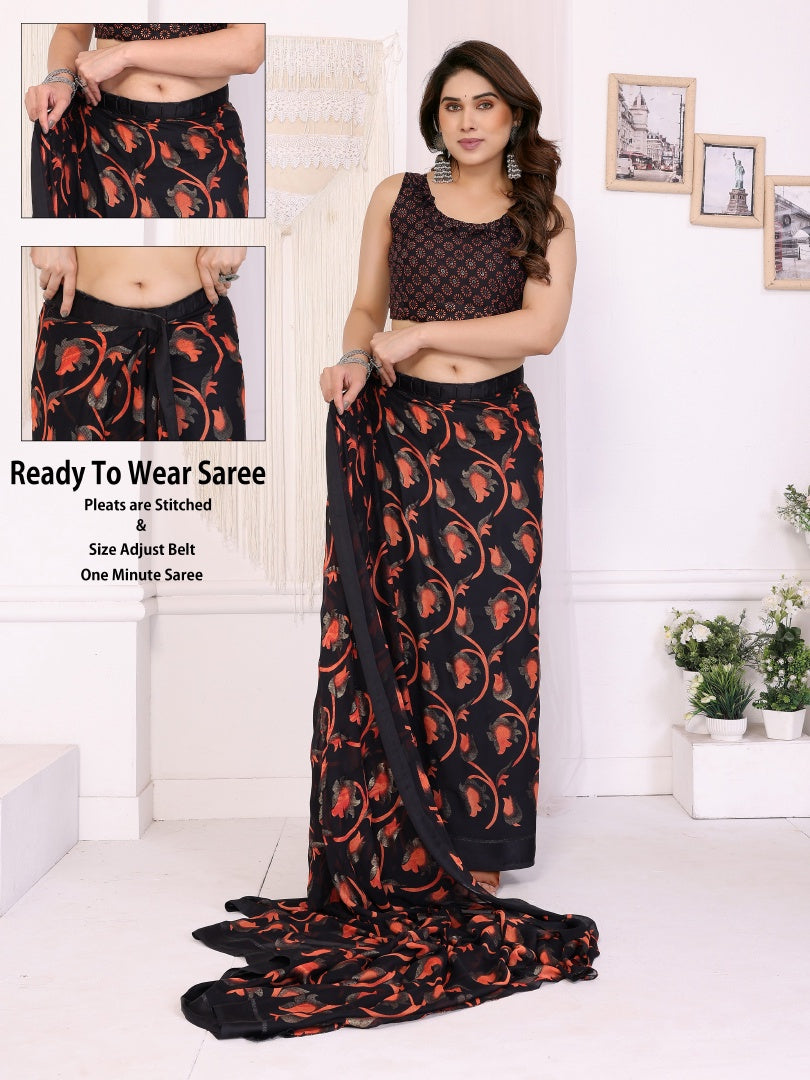 Black Printed Ready Wear Bright Moss Satin Patta Saree with Small Lace & Matching Blouse