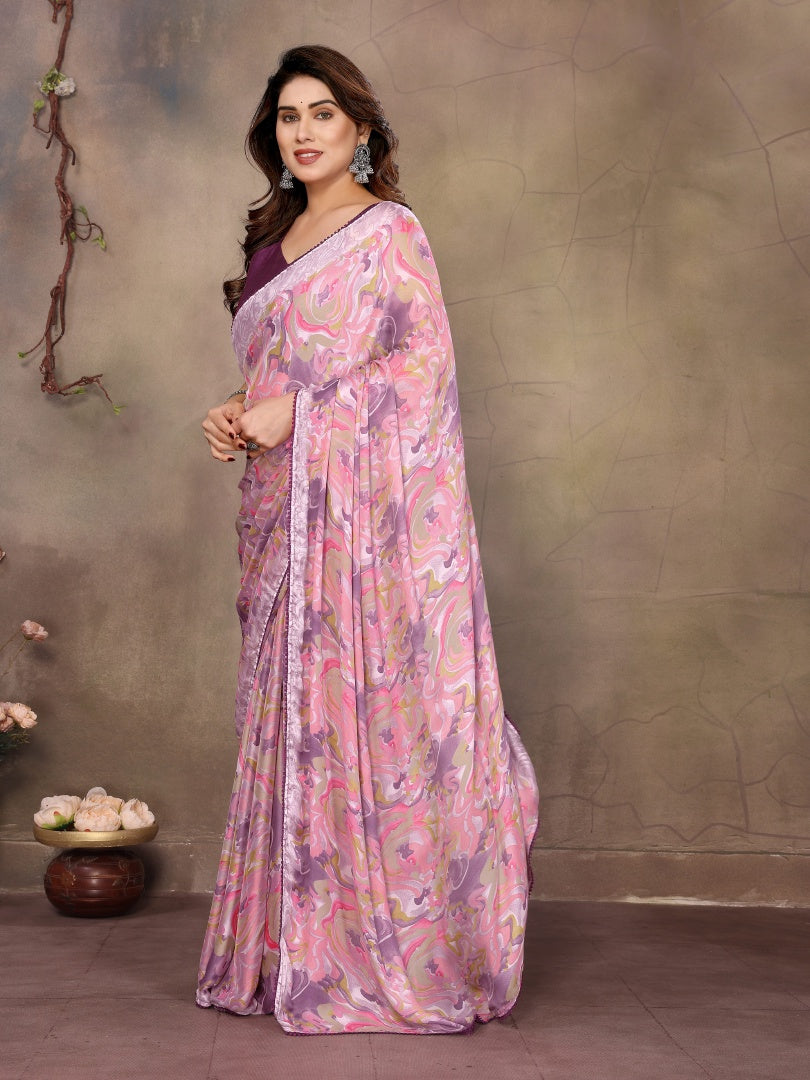 Pink Printed Ready Wear Satin Chiffon Saree with Small Lace & Banglori Blouse