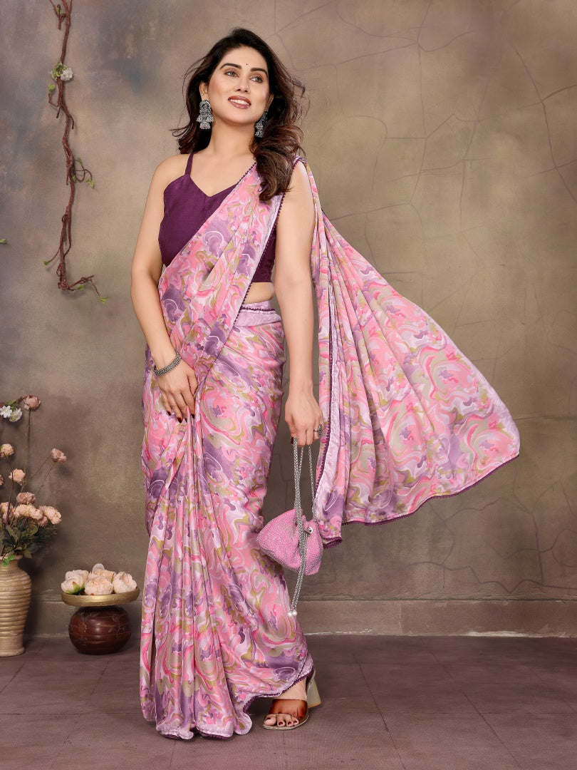 Pink Printed Ready Wear Satin Chiffon Saree with Small Lace & Banglori Blouse
