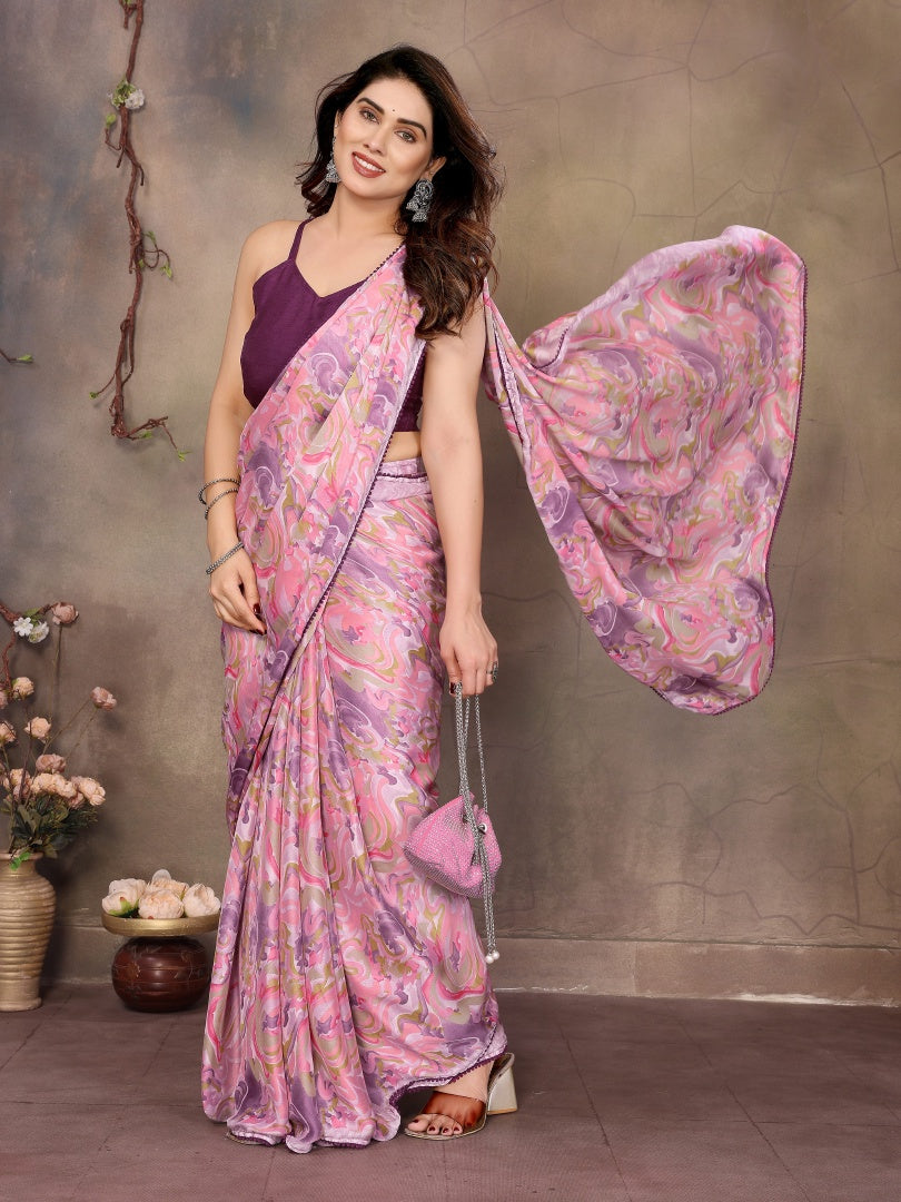 Pink Printed Ready Wear Satin Chiffon Saree with Small Lace & Banglori Blouse