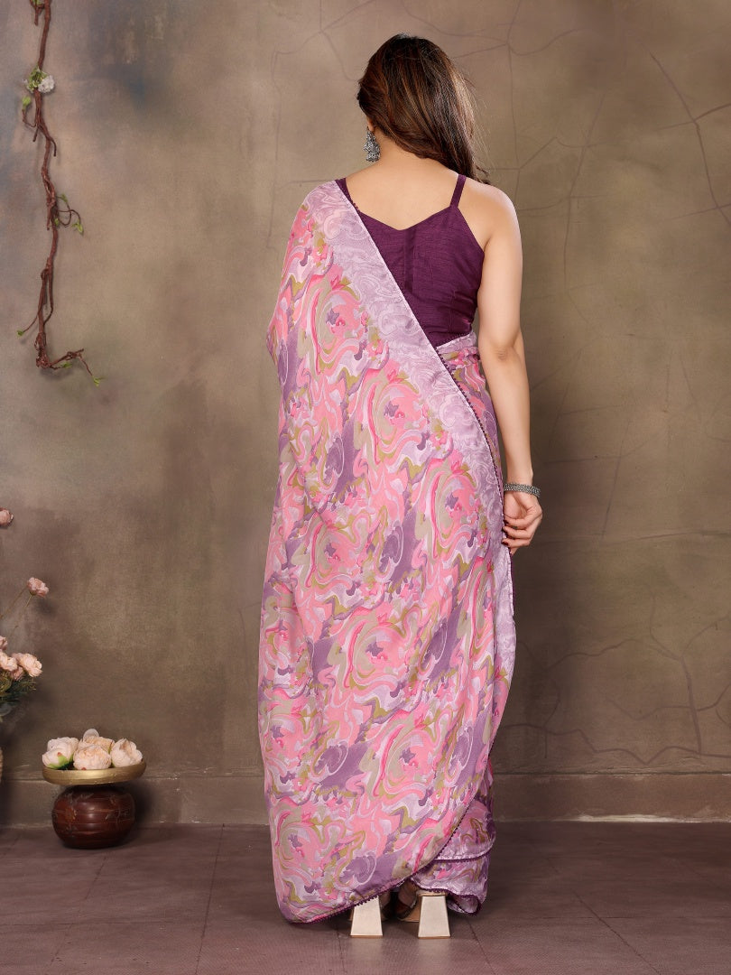Pink Printed Ready Wear Satin Chiffon Saree with Small Lace & Banglori Blouse