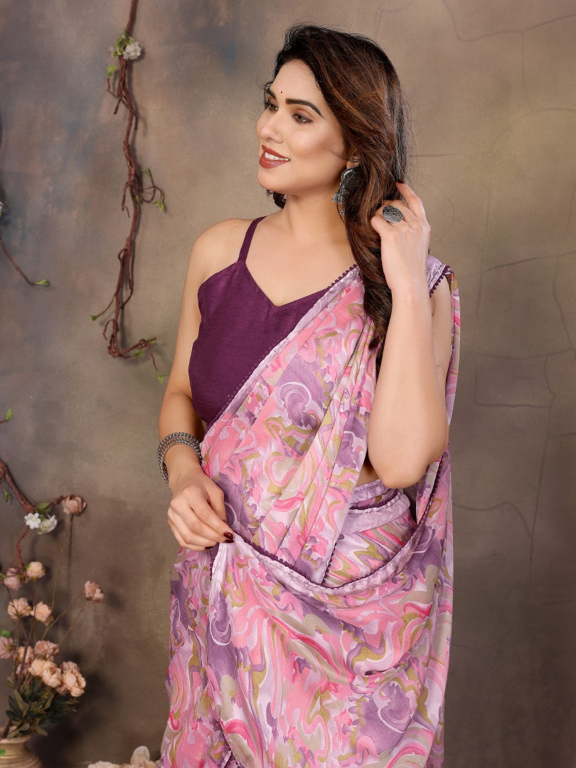 Pink Printed Ready Wear Satin Chiffon Saree with Small Lace & Banglori Blouse