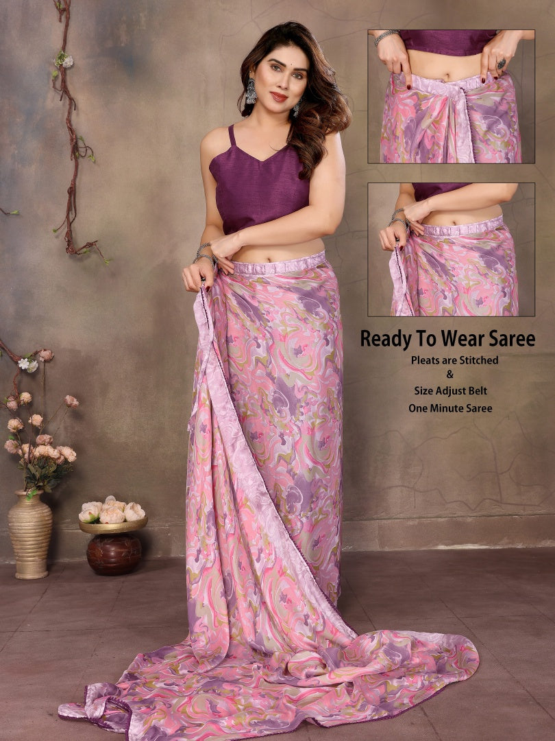 Pink Printed Ready Wear Satin Chiffon Saree with Small Lace & Banglori Blouse