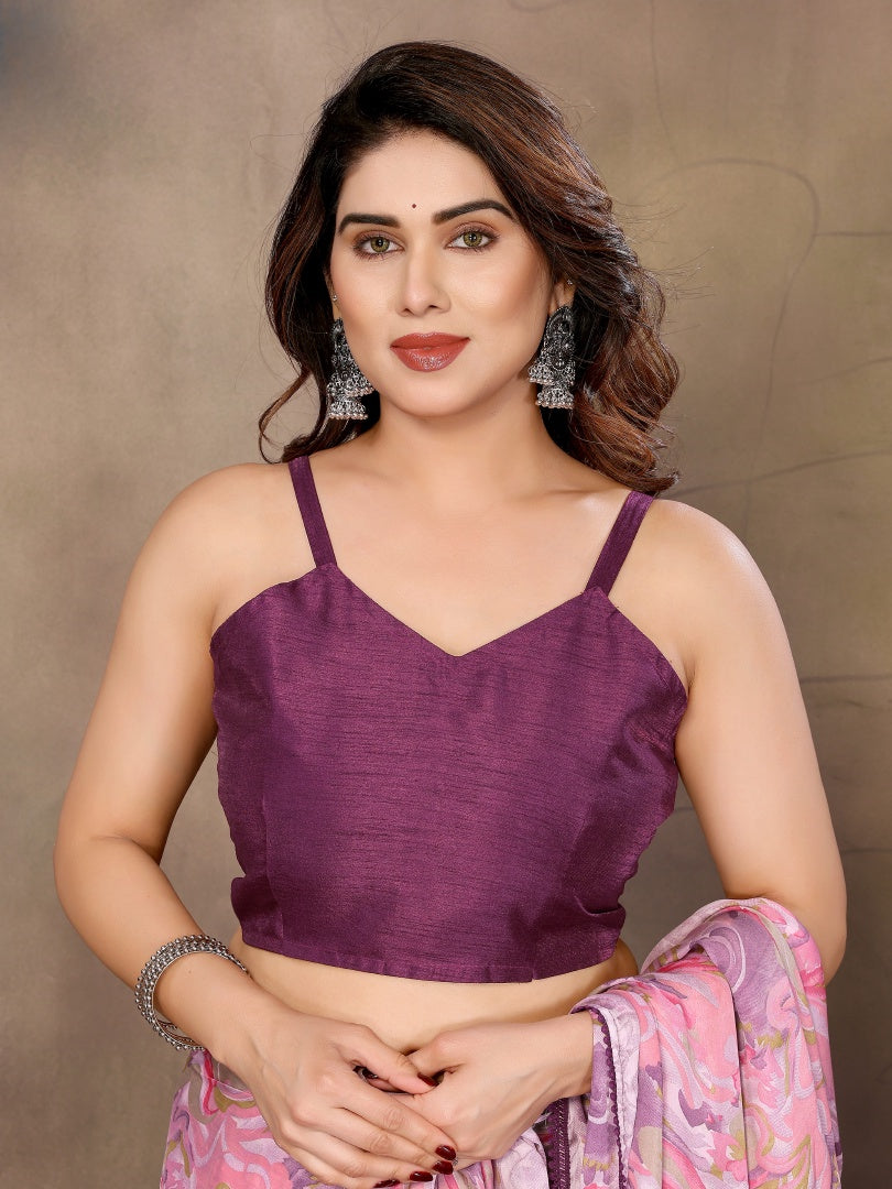 Pink Printed Ready Wear Satin Chiffon Saree with Small Lace & Banglori Blouse