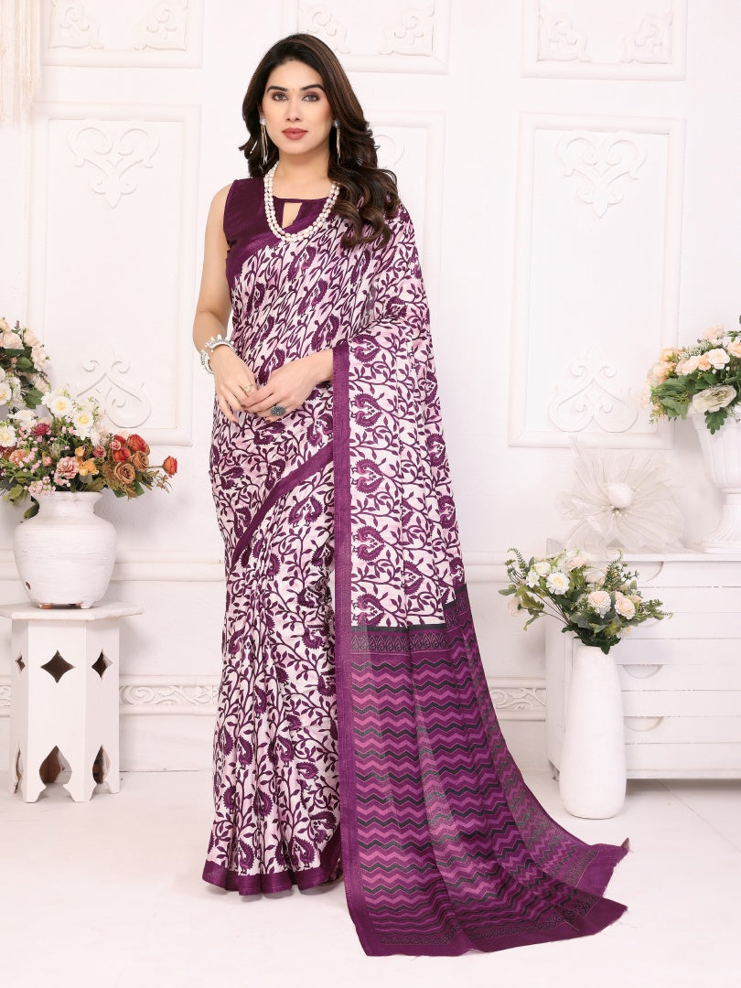 Beautiful Purple Khadi Printed Saree with Matching Khadi Blouse