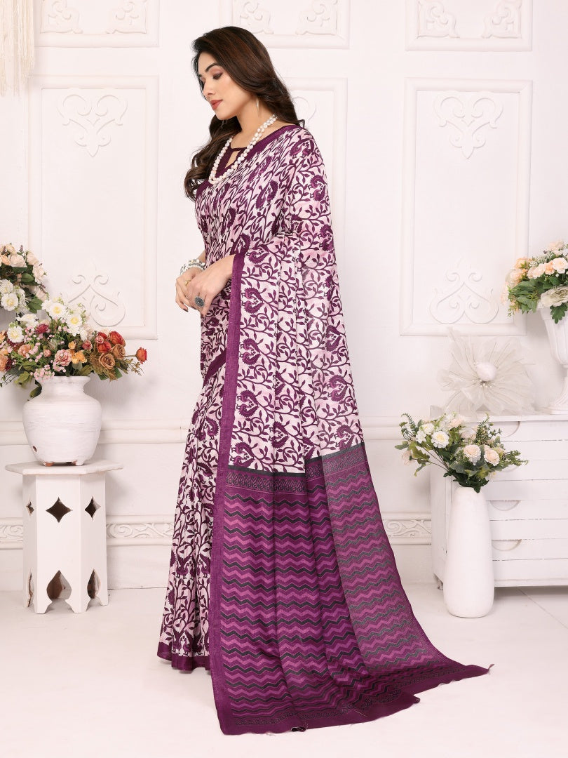 Beautiful Purple Khadi Printed Saree with Matching Khadi Blouse