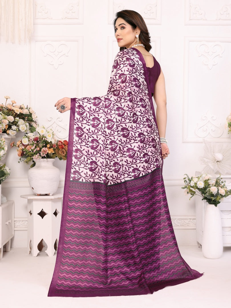 Beautiful Purple Khadi Printed Saree with Matching Khadi Blouse