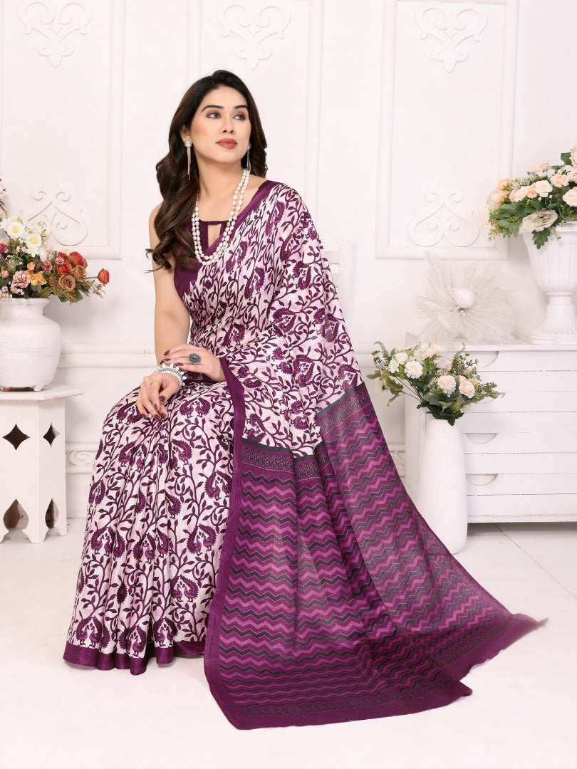 Beautiful Purple Khadi Printed Saree with Matching Khadi Blouse