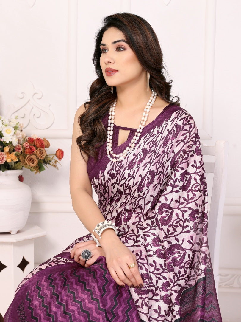 Beautiful Purple Khadi Printed Saree with Matching Khadi Blouse