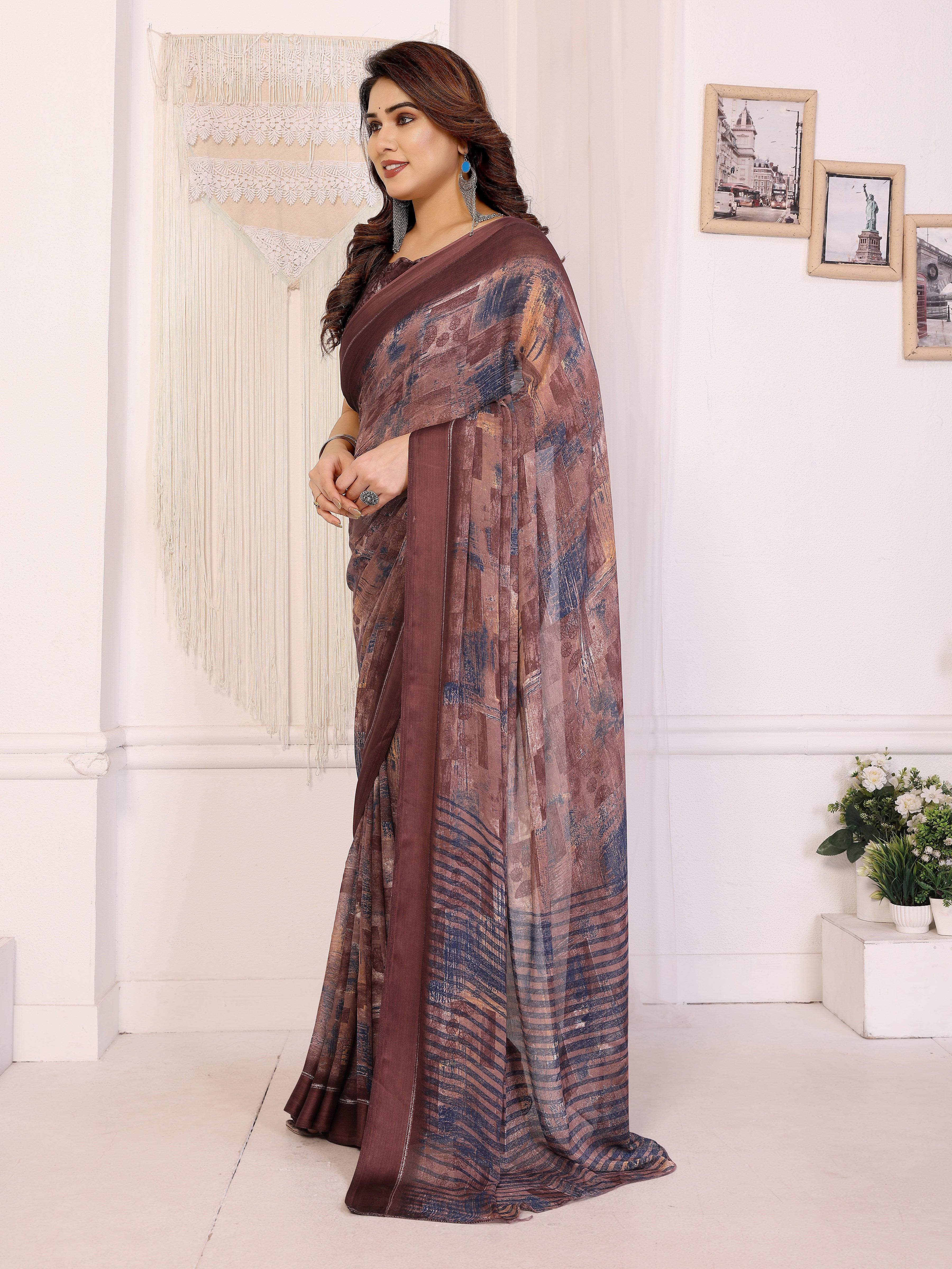 Brown Printed Georgette Saree for Women – Lightweight Partywear & Casual Wear