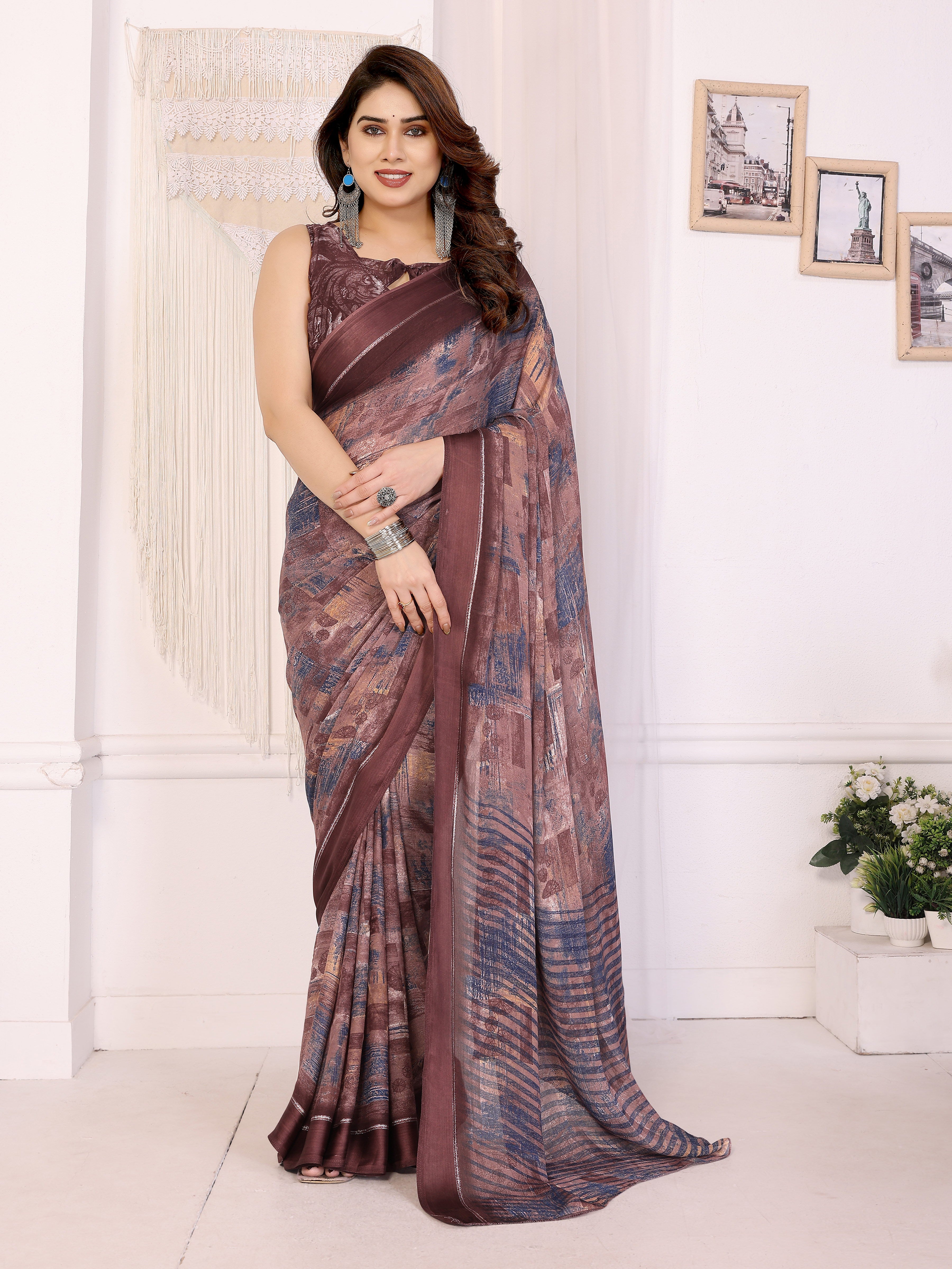 Brown Printed Georgette Saree for Women – Lightweight Partywear & Casual Wear