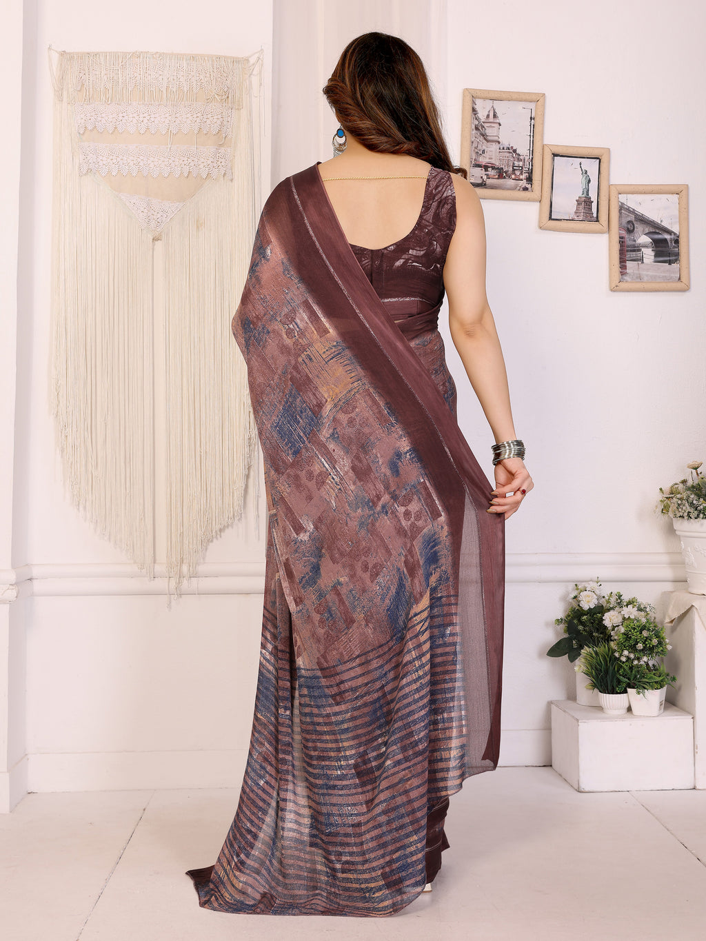 Brown Printed Georgette Saree for Women – Lightweight Partywear & Casual Wear