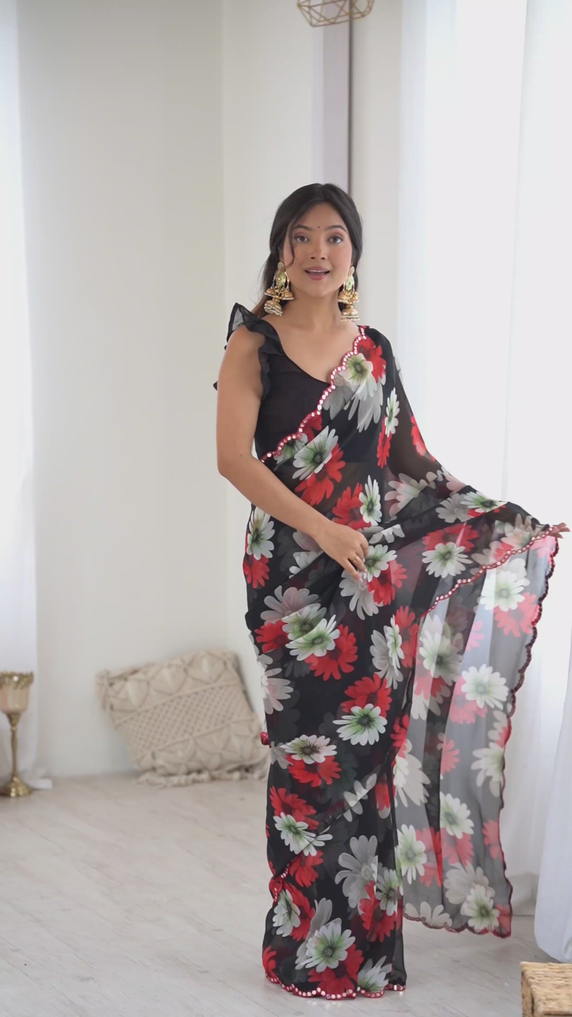 Elegant Black Georgette Printed Saree with Mirror Work & Matching Blouse