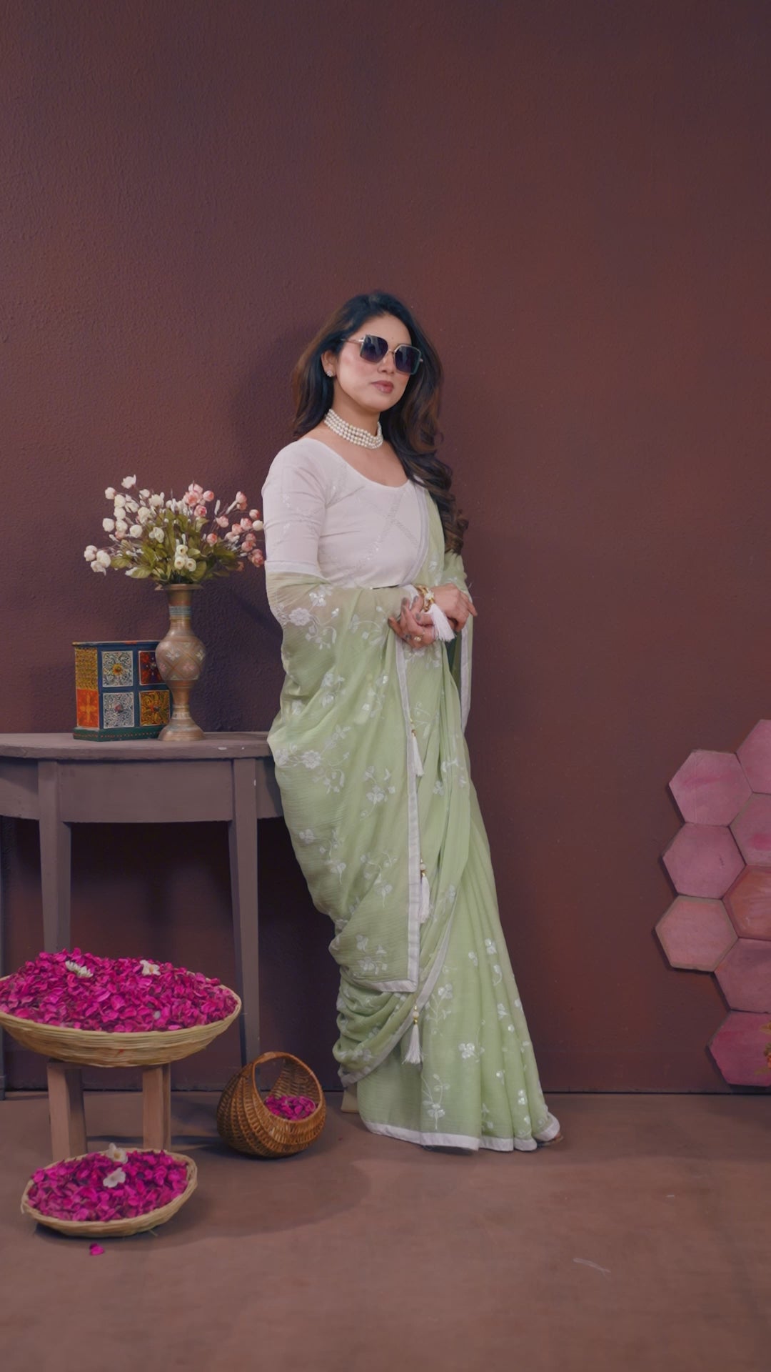 Pista Moss Chiffon Embroidery Work Saree with Matching Embroidered Blouse