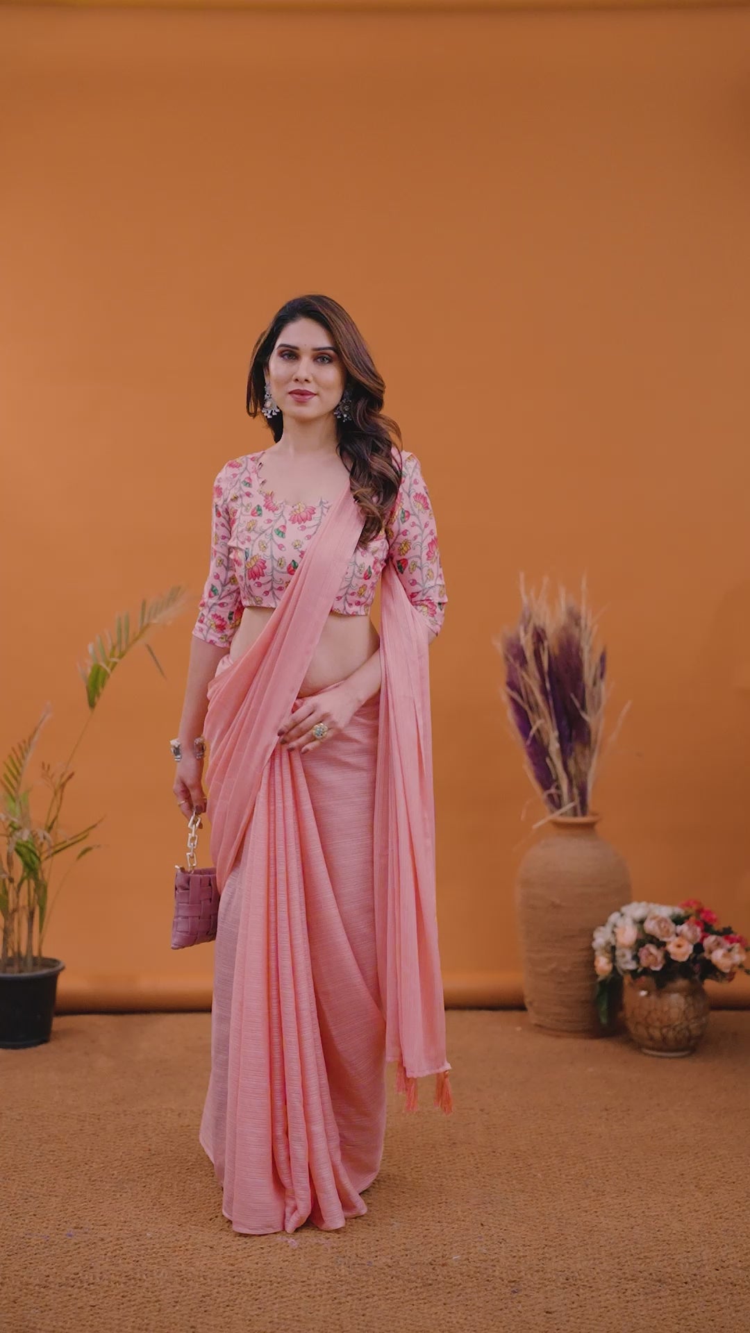 Peach Plain Saree with Kalamkari Digital Print Blouse