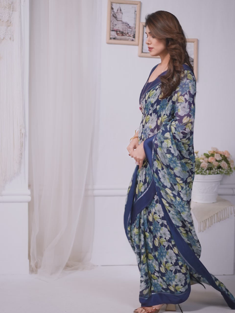 Rich Dark Blue Bright Moss Satin Patta Printed Saree with Matching Blouse