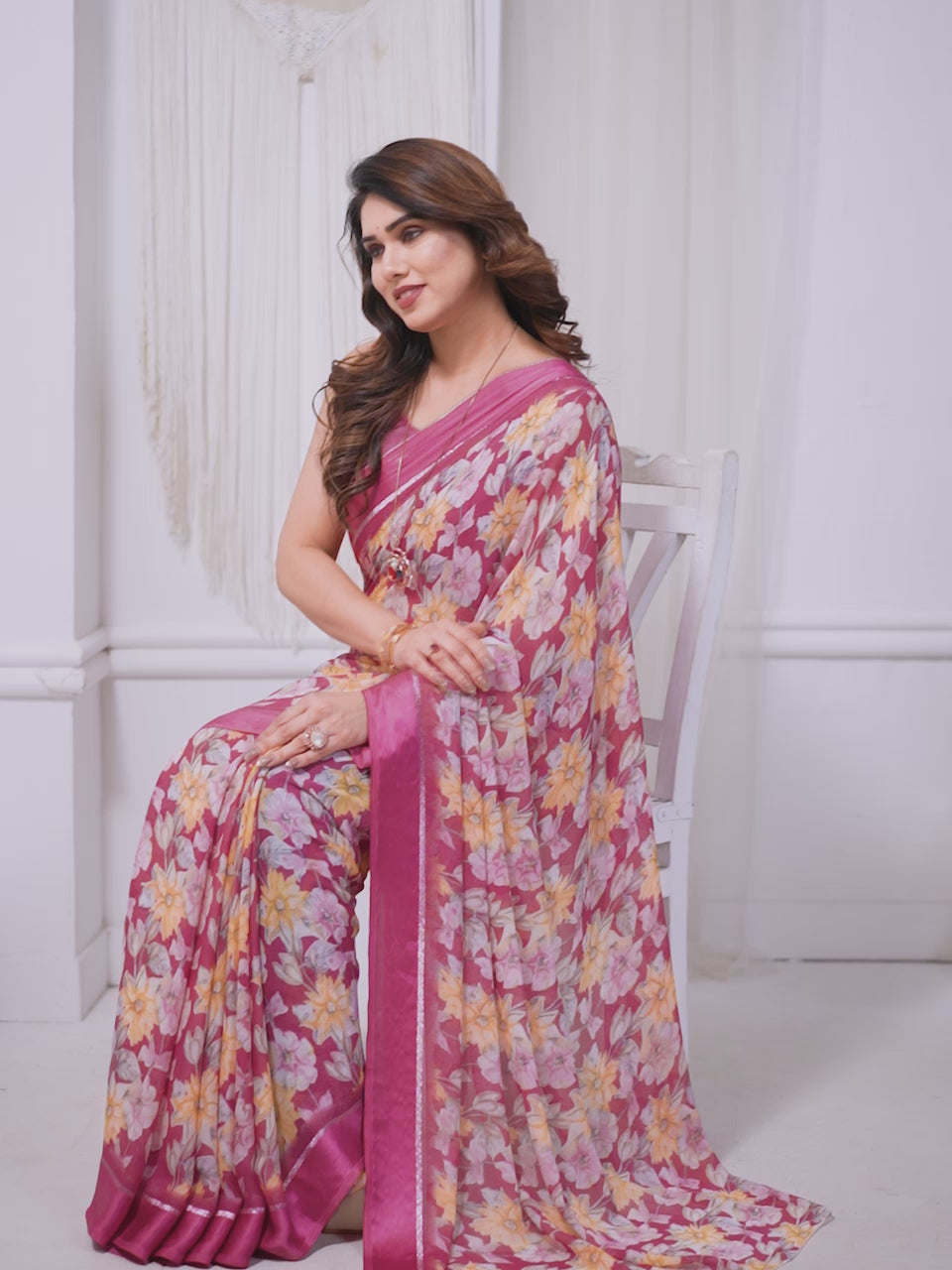 Charming Pink Bright Moss Satin Patta Printed Saree with Matching Blouse
