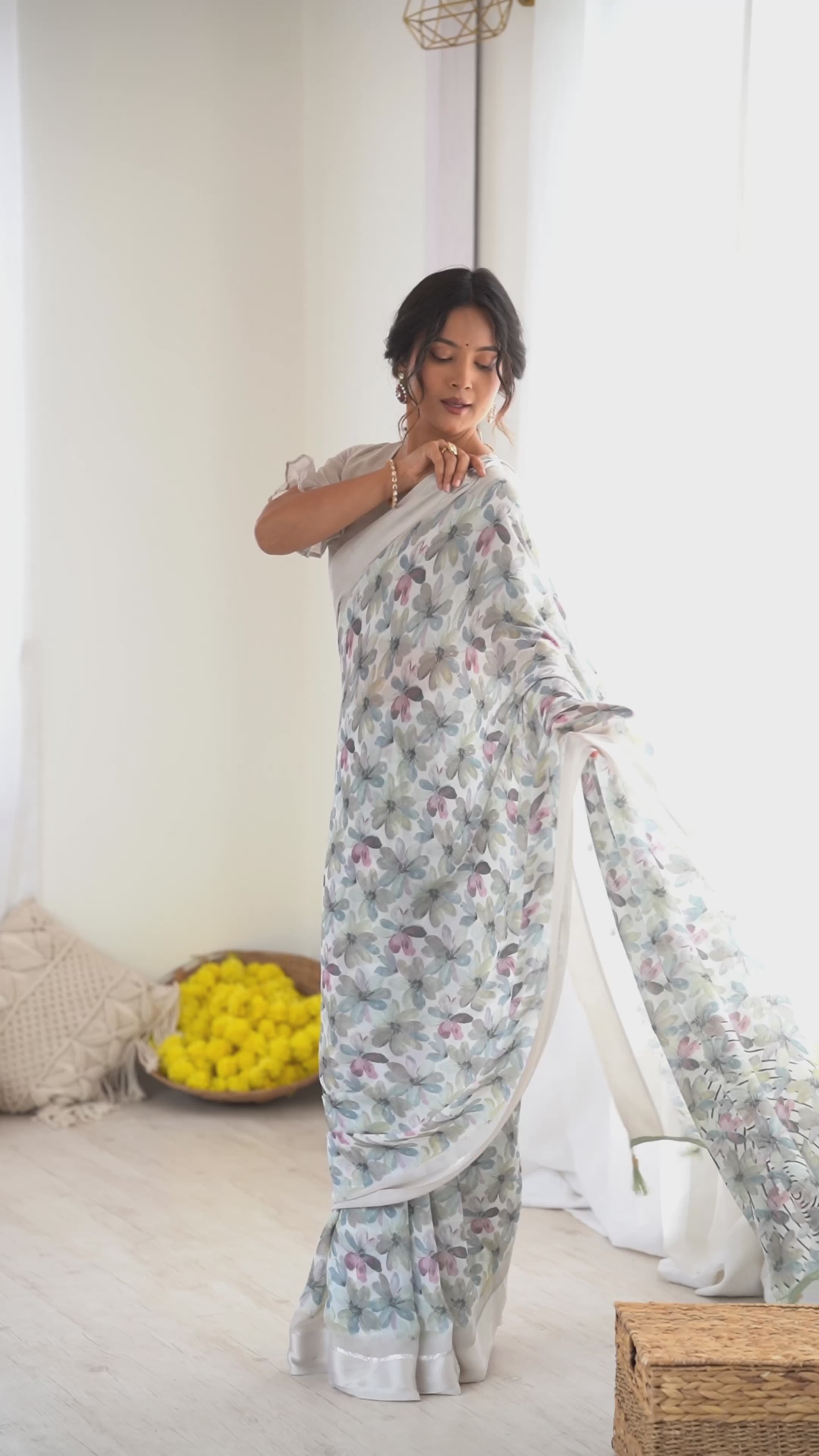 Elegant Grey Bright Moss Satin Patta Printed Saree with Matching Blouse