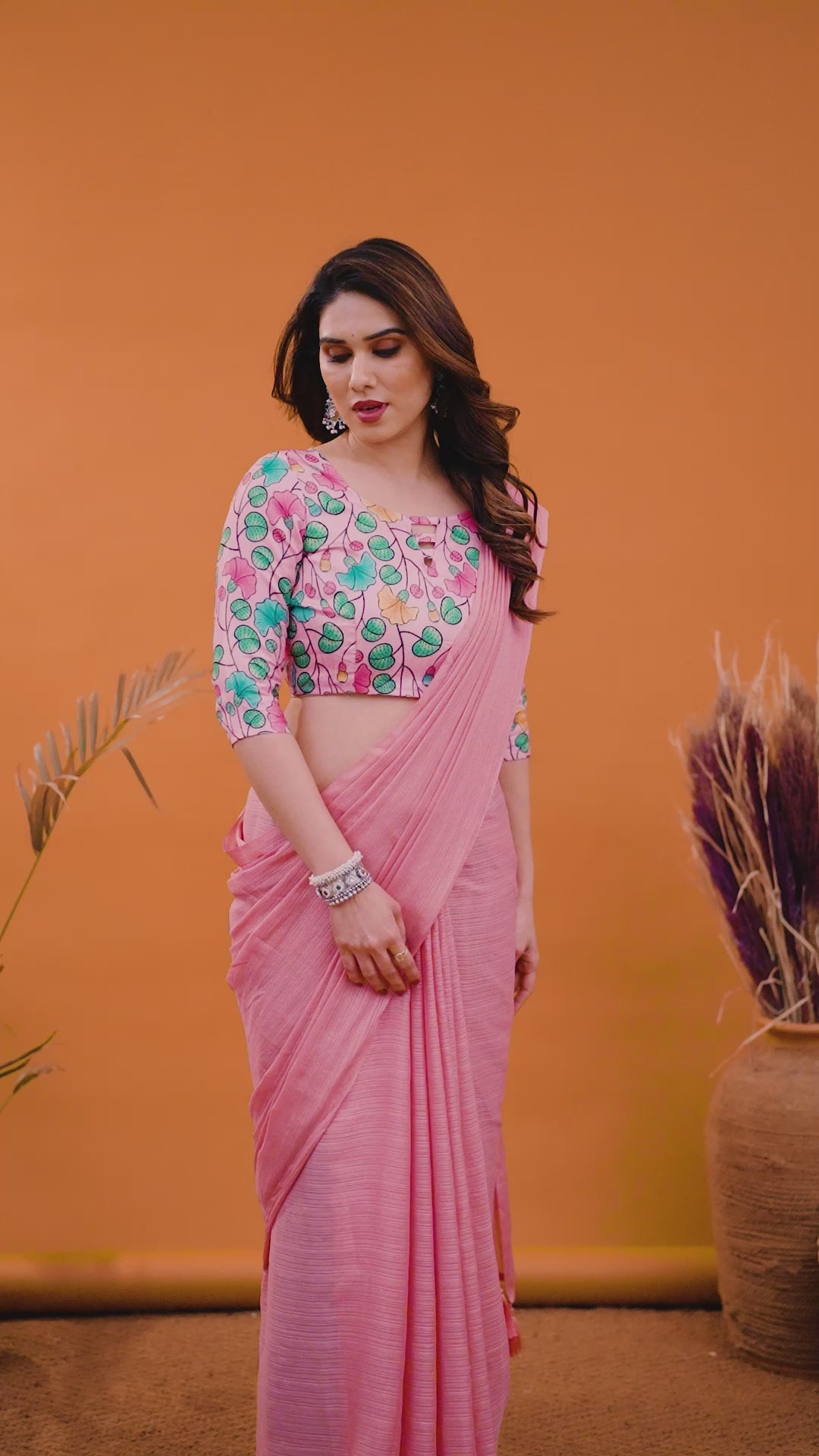 Rose Pink Plain Saree with Kalamkari Digital Print Blouse