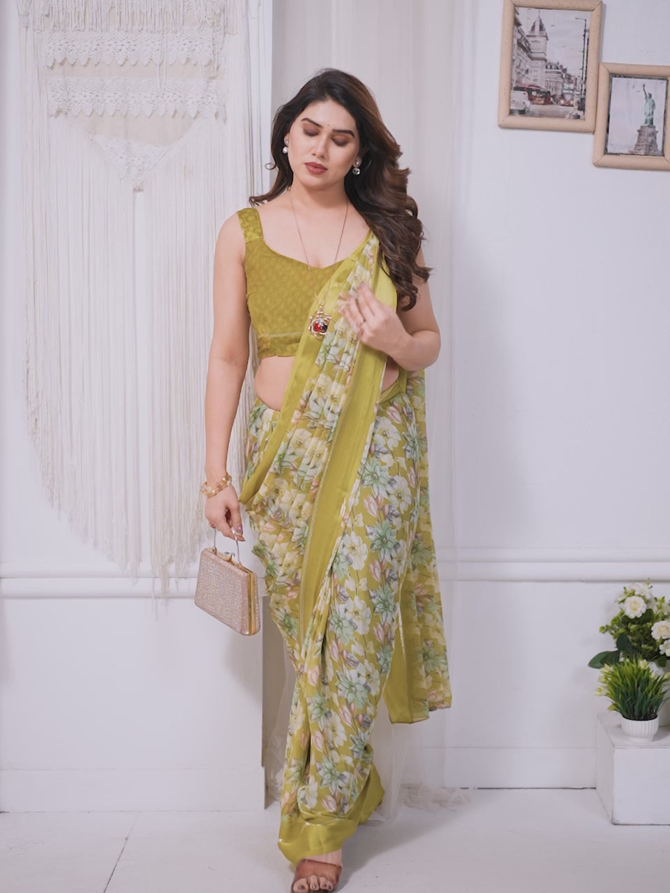 Bright Yellow Bright Moss Satin Patta Printed Saree with Matching Blouse