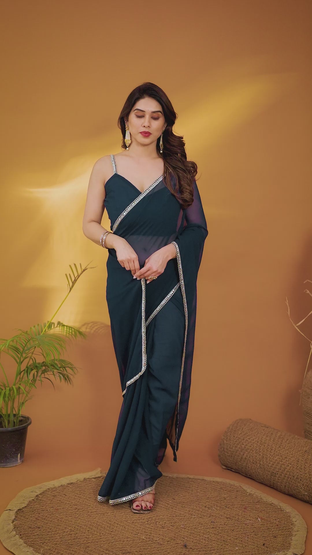 Rama Solid Georgette Saree with Mirror Border & Matching Blouse Piece