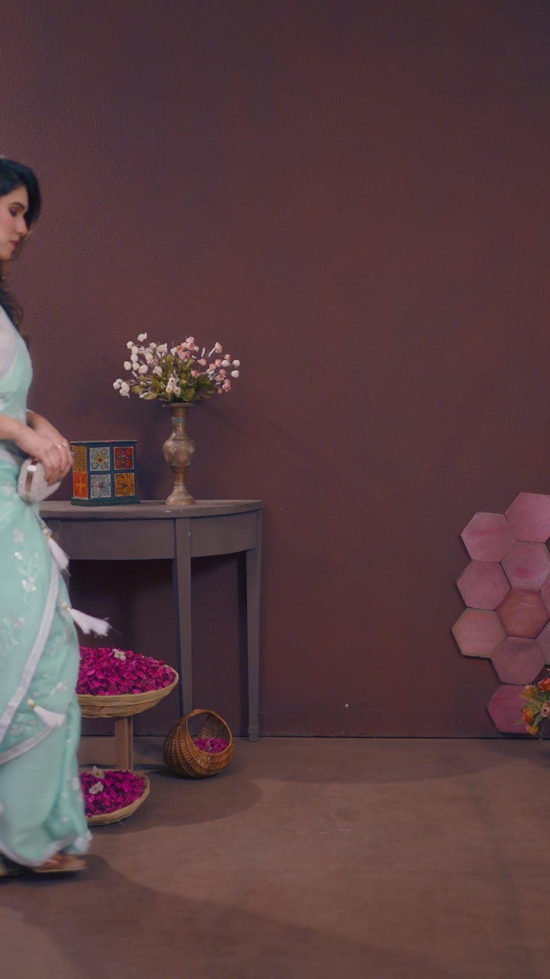 Light Firozi Moss Chiffon Embroidered Saree with Matching Embroidery Blouse