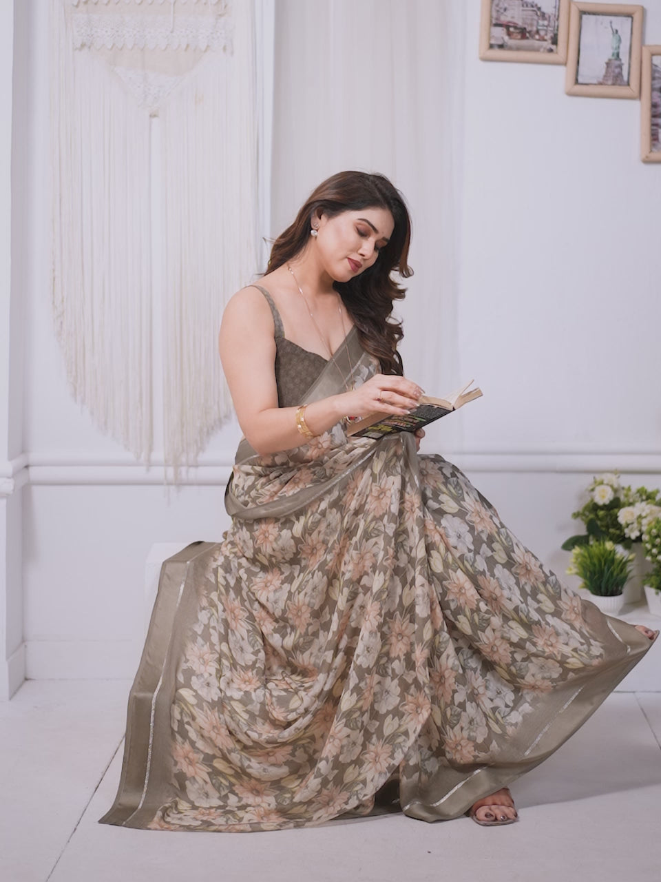 Stylish Chiku Bright Moss Satin Patta Printed Saree with Matching Blouse