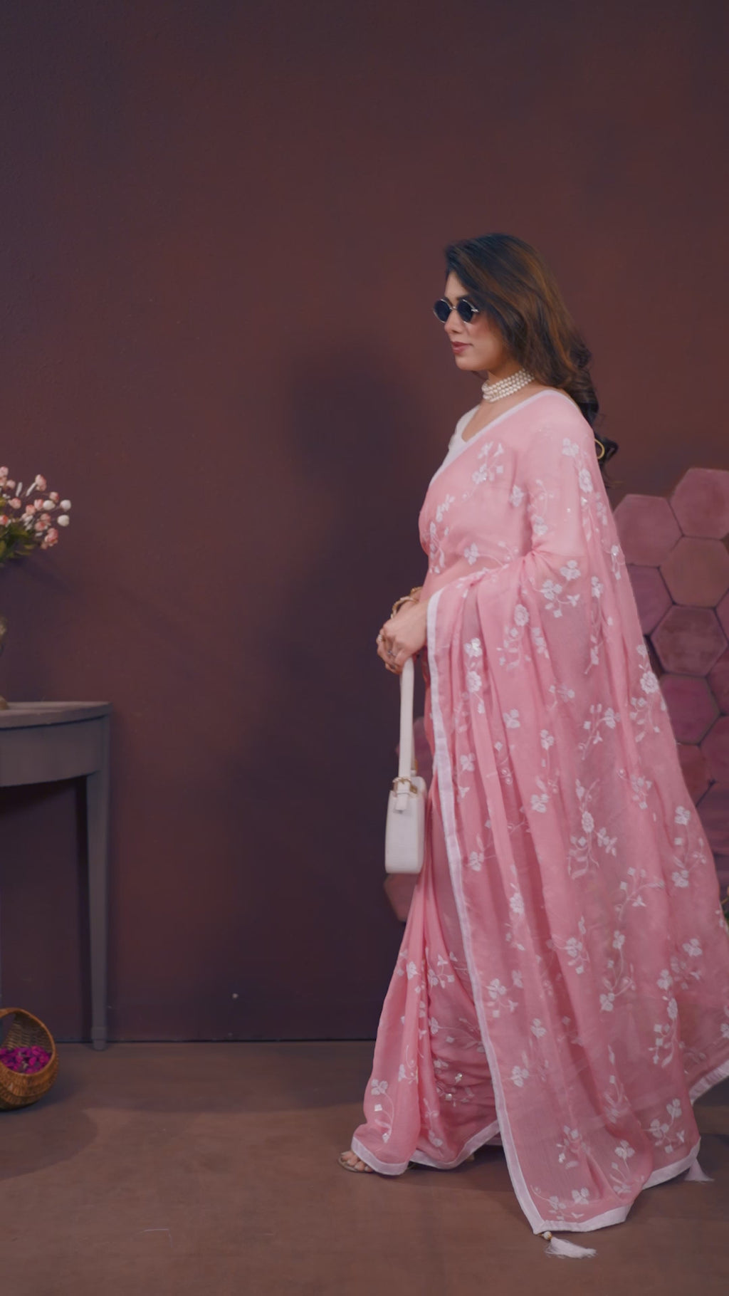 Rose Moss Chiffon Embroidery Saree with Beautiful Embroidered Blouse