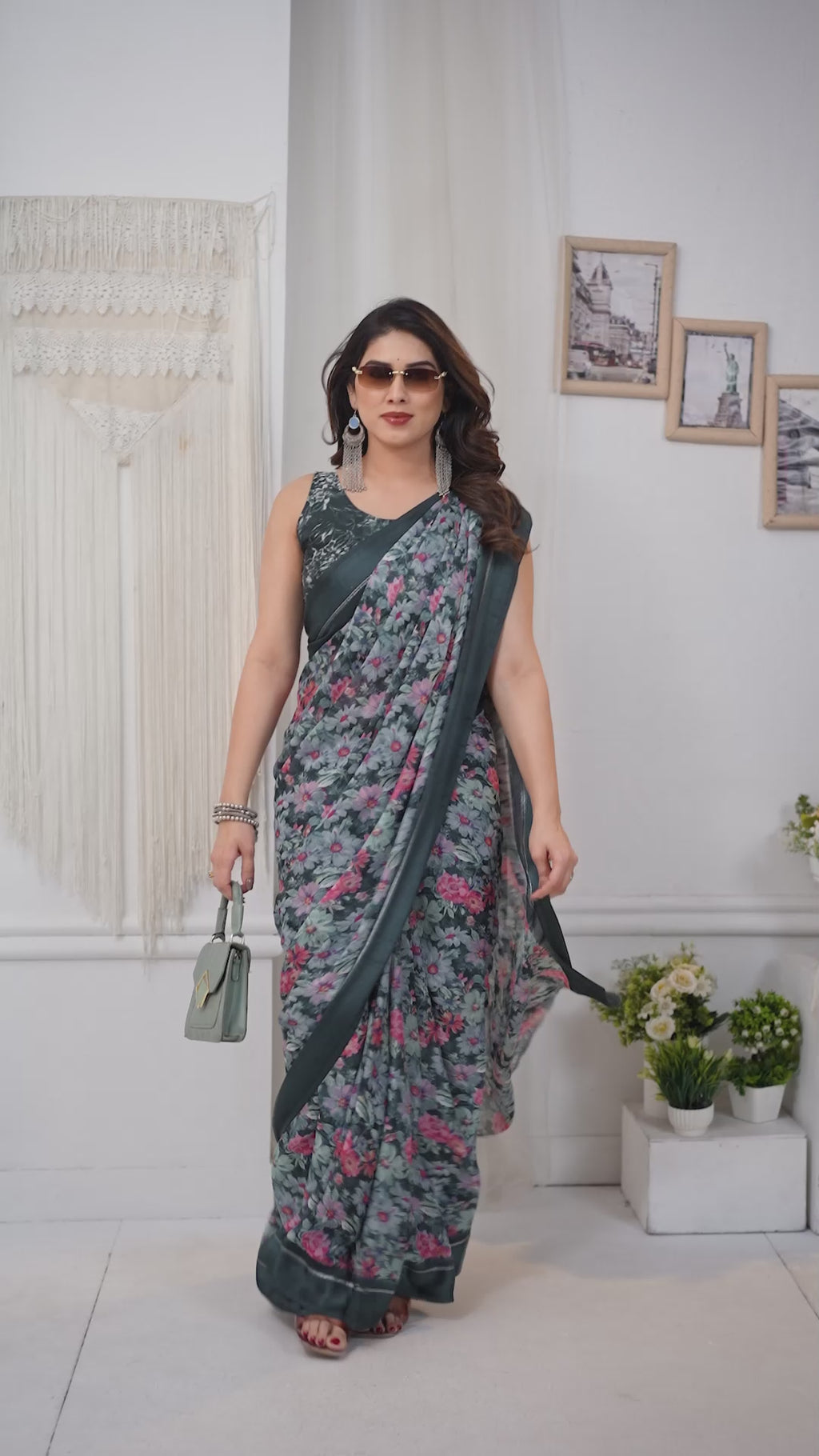 Vibrant Morpich Bright Moss Satin Patta Printed Saree with Matching Blouse