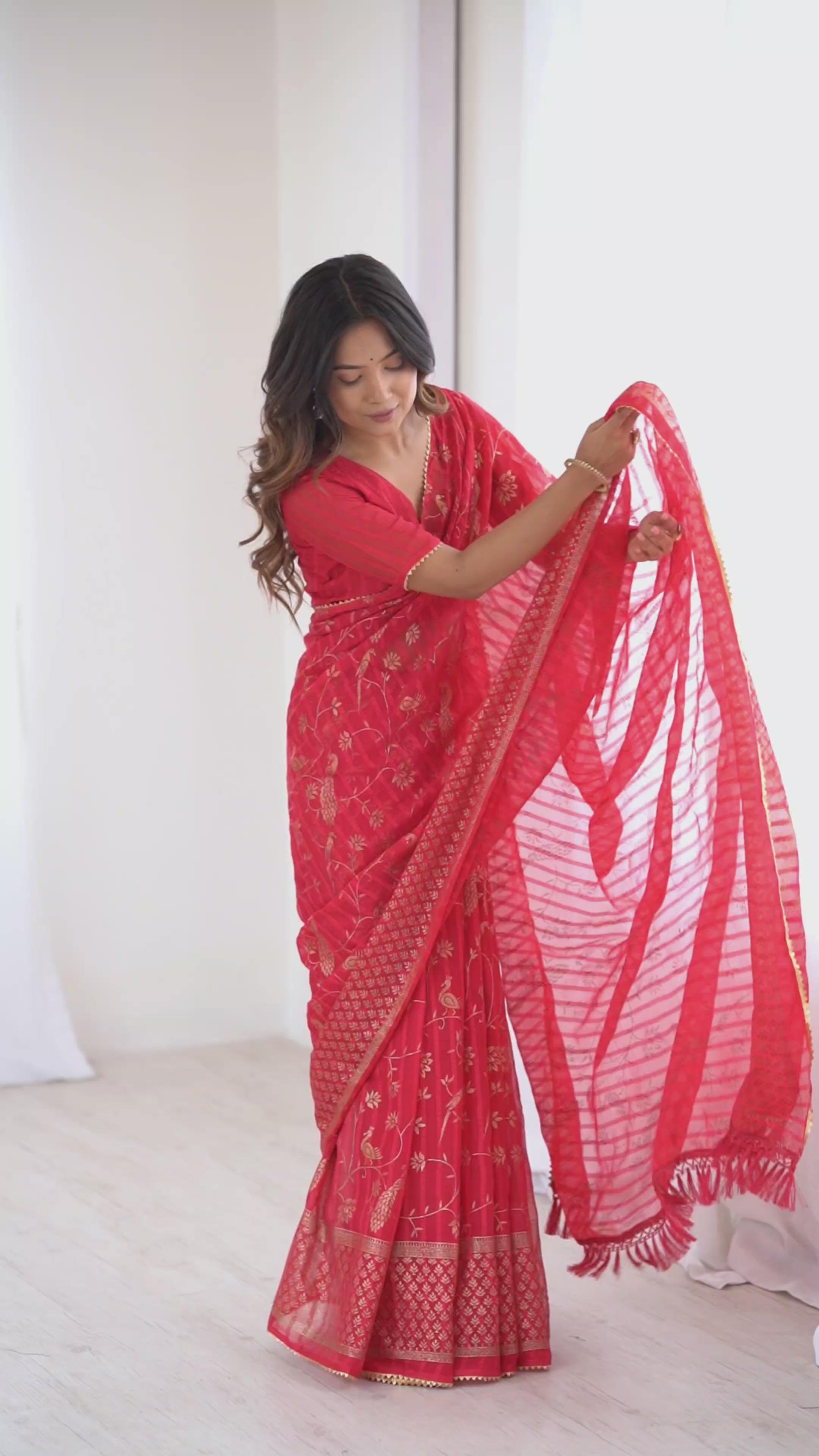 Classic Red Georgette Patta Saree with Foil Work, Small Lace & Zalar Lace