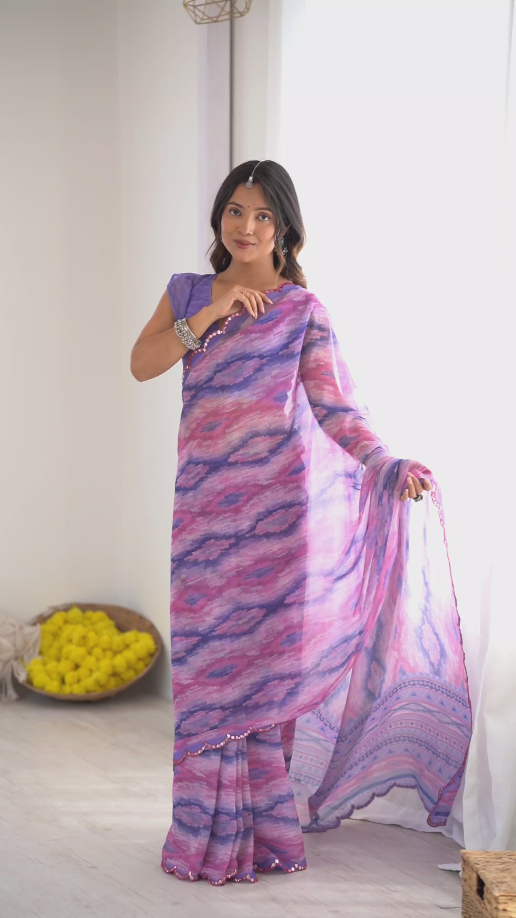 Royal Purple Digital Printed Georgette Saree with Mirror Work & Georgette Blouse