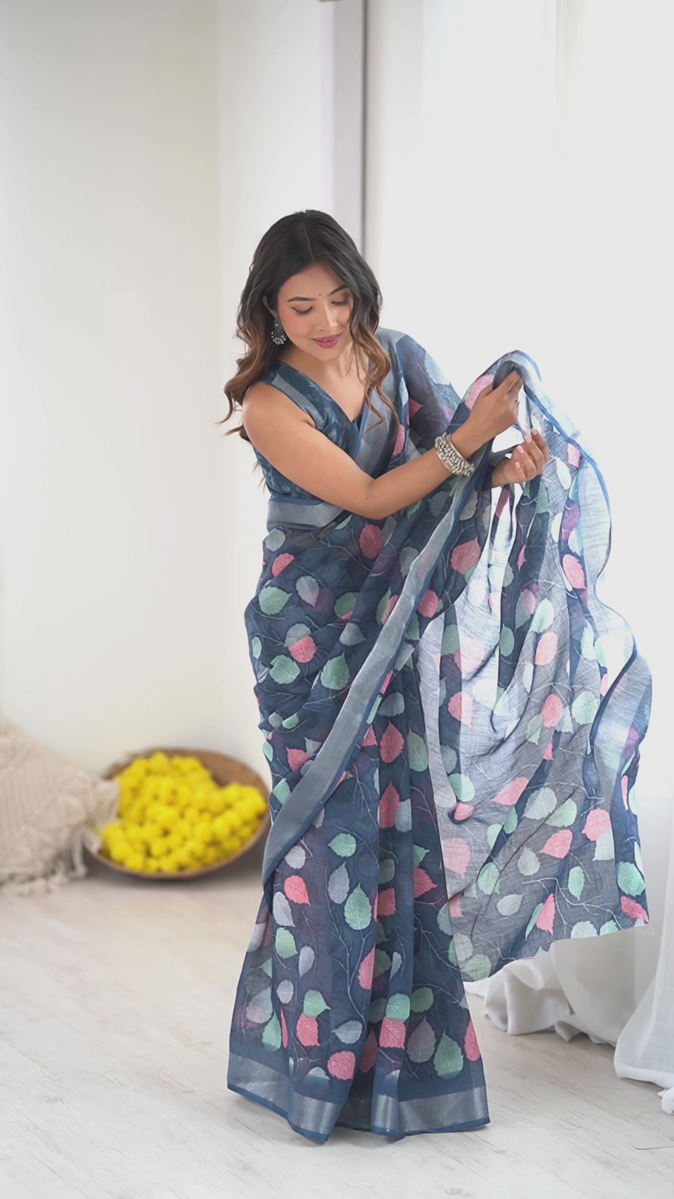 Elegant Dark Blue Lilan Patta Printed Saree with Matching Blouse