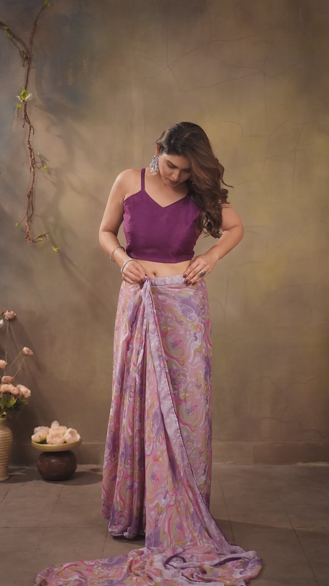 Pink Printed Ready Wear Satin Chiffon Saree with Small Lace & Banglori Blouse