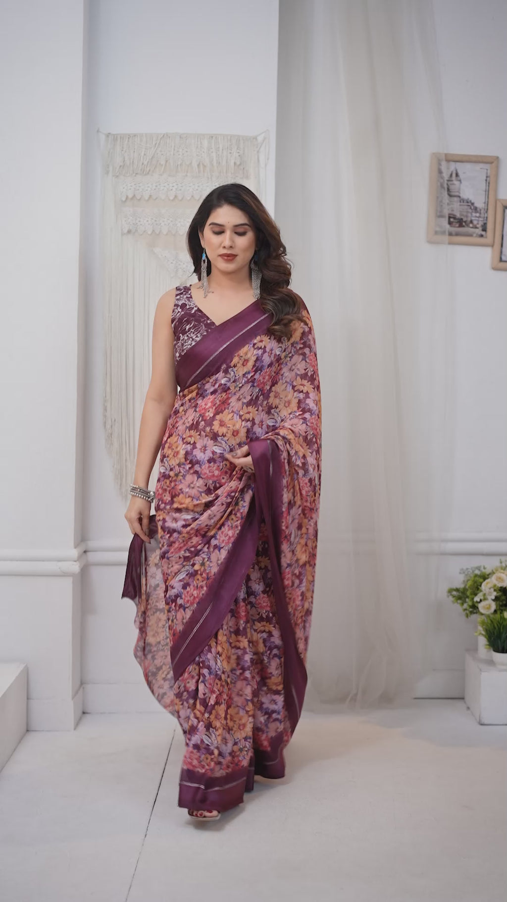 Graceful Purple Bright Moss Satin Patta Printed Saree with Matching Blouse