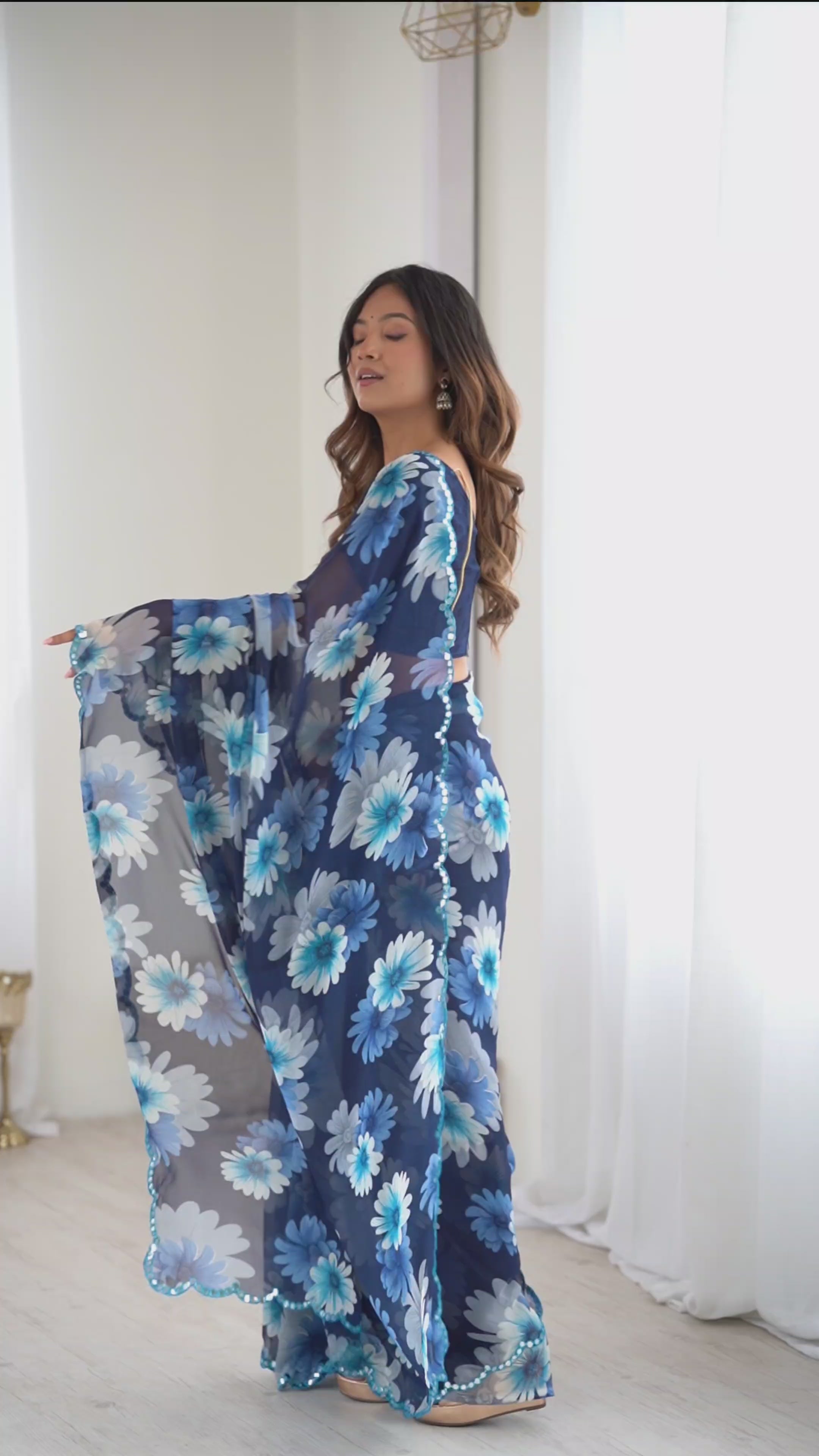 Beautiful Blue Georgette Printed Saree with Mirror Work & Matching Blouse