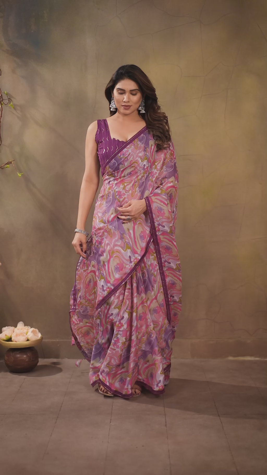 Pink Printed Satin Chiffon Saree with Embroidery Work & Banglori Blouse