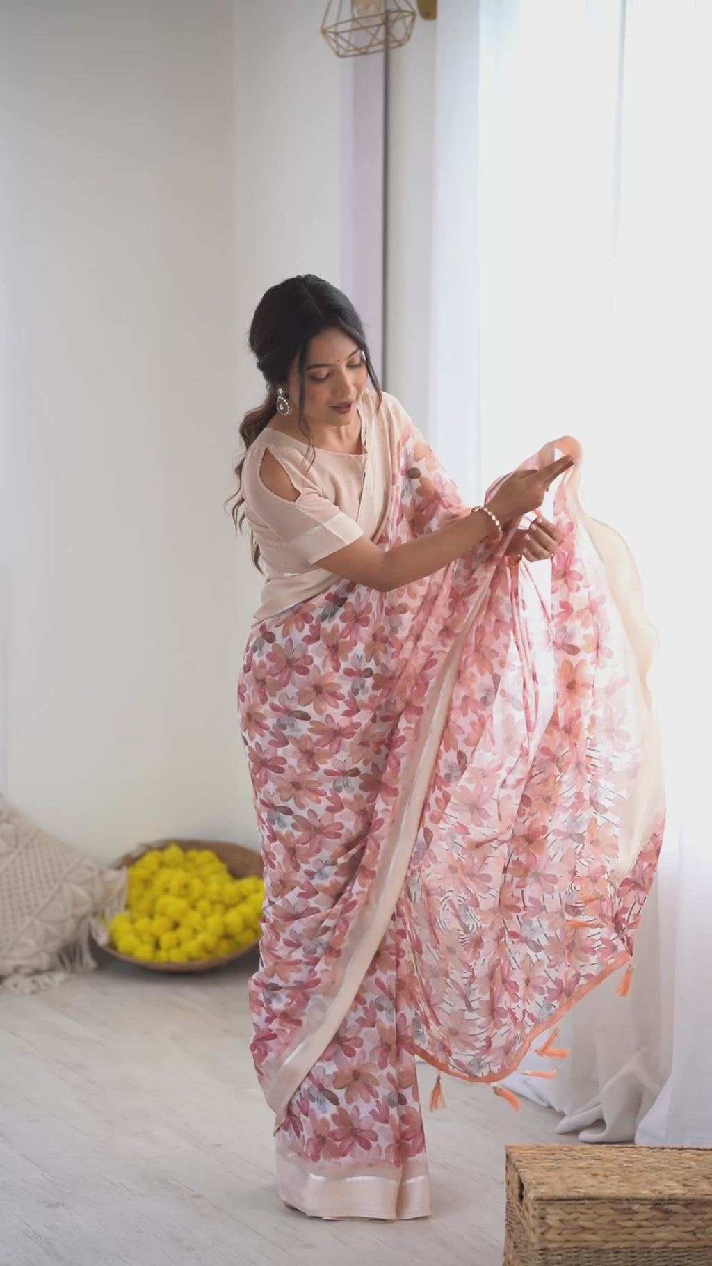 Graceful Peach Bright Moss Satin Patta Printed Saree with Matching Blouse