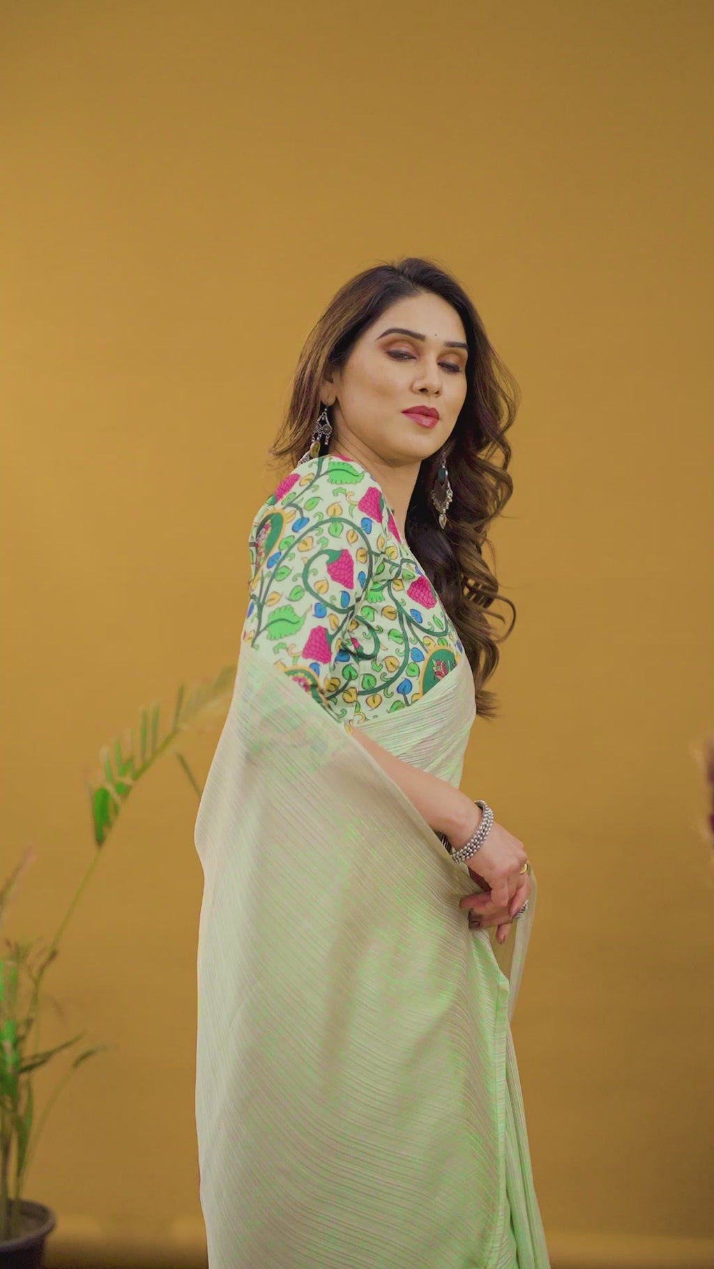 Pista Green Plain Saree with Kalamkari Digital Print Blouse