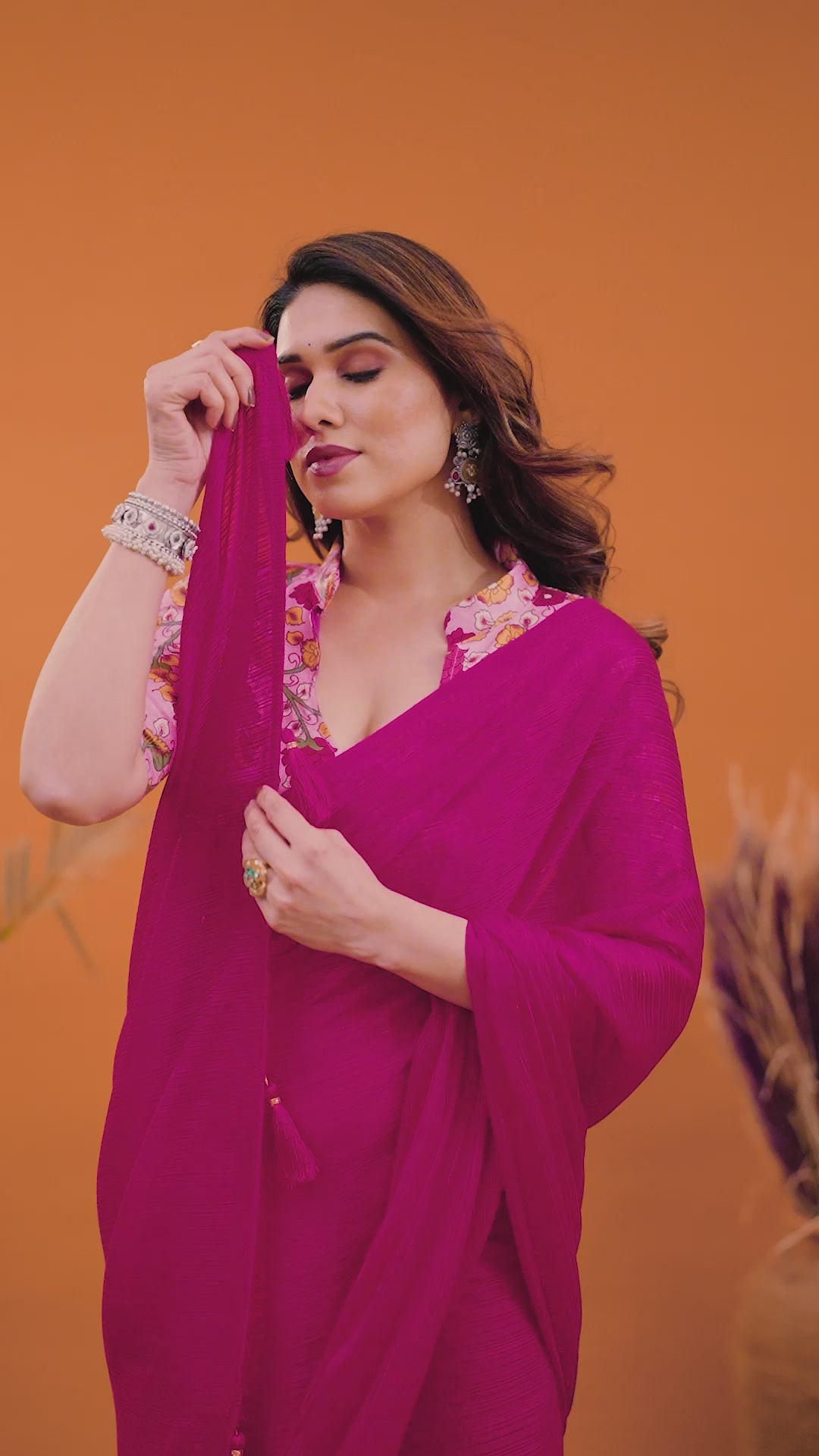 Pink Plain Saree with Kalamkari Digital Print Blouse