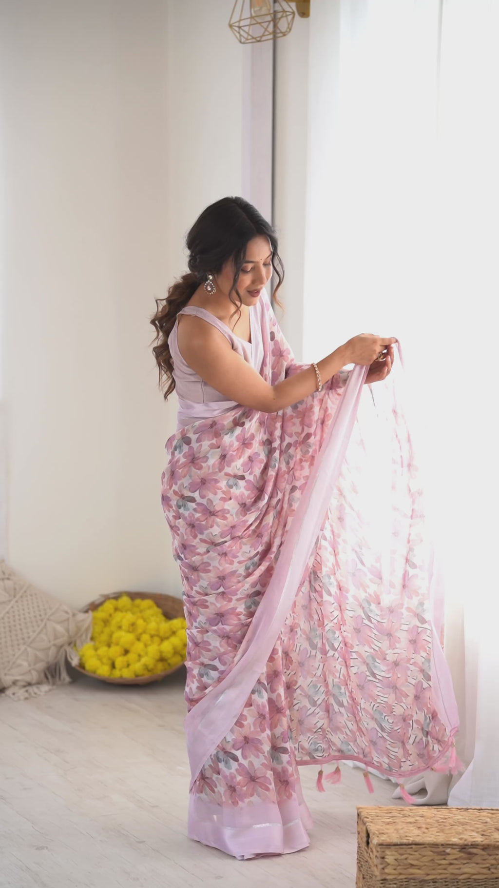Charming Pink Bright Moss Satin Patta Printed Saree with Matching Blouse