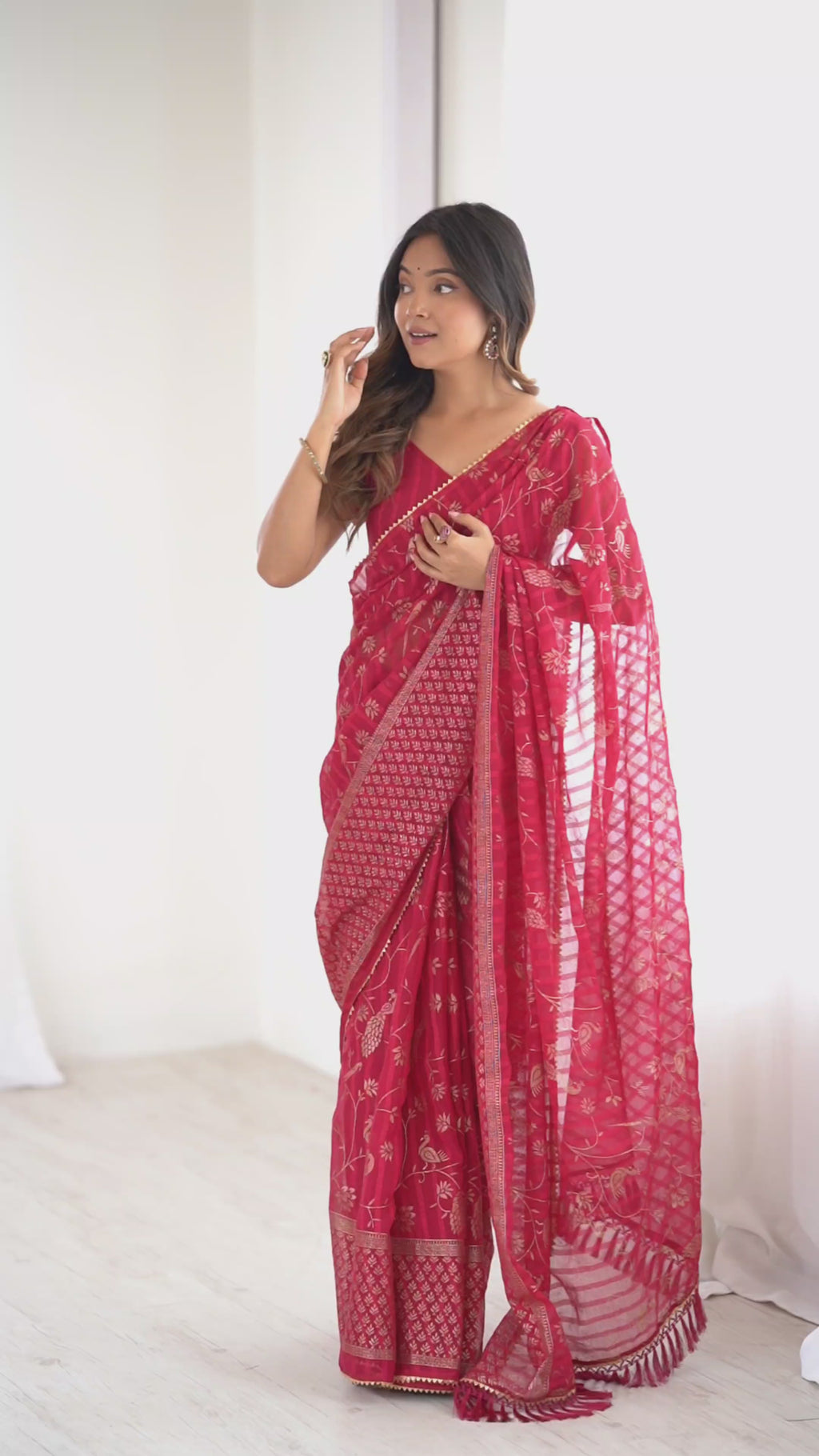 Charming Pink Georgette Patta Saree with Foil Work, Small Lace & Zalar Lace