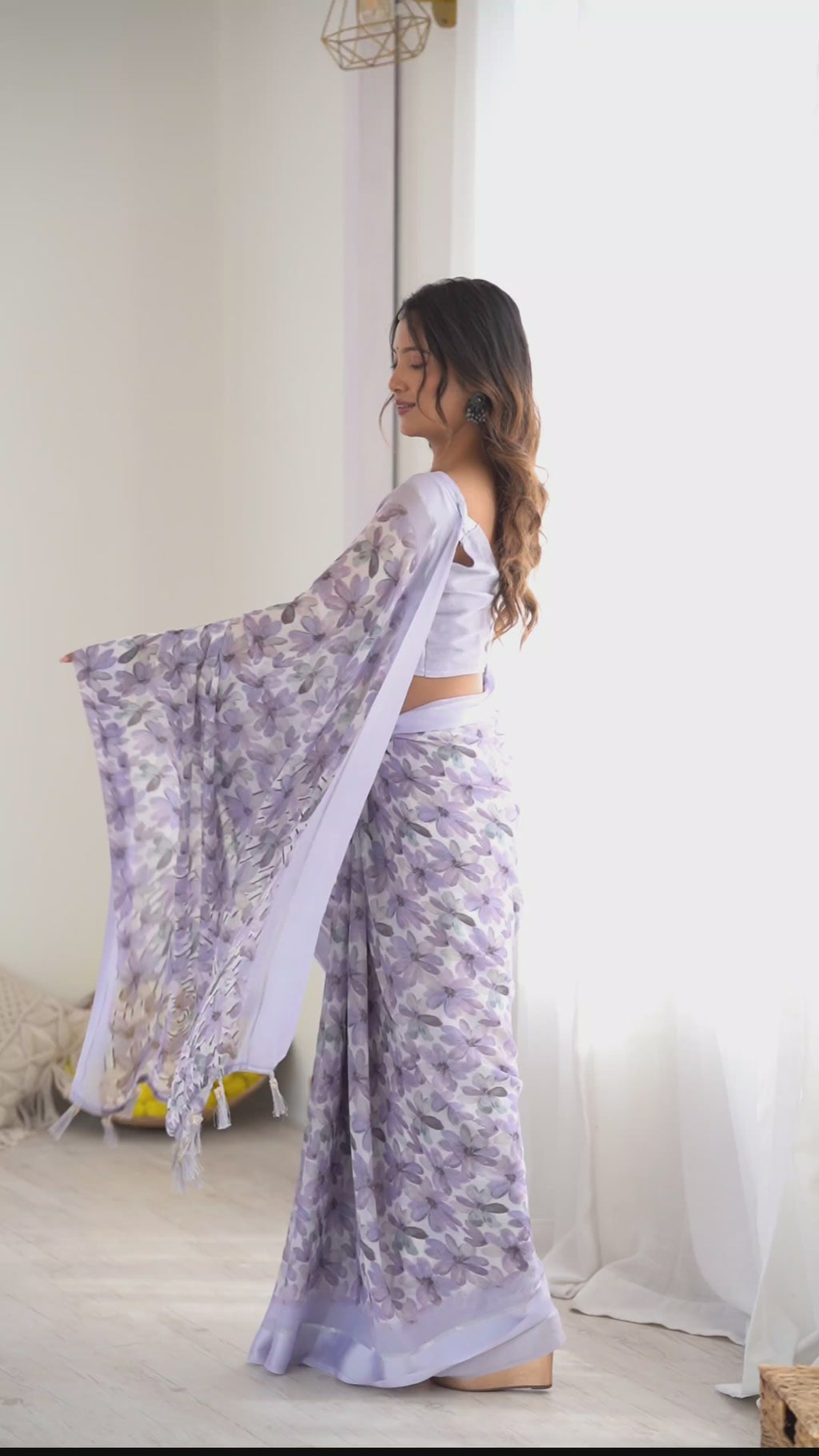 Soft Light Purple Bright Moss Satin Patta Printed Saree with Matching Blouse