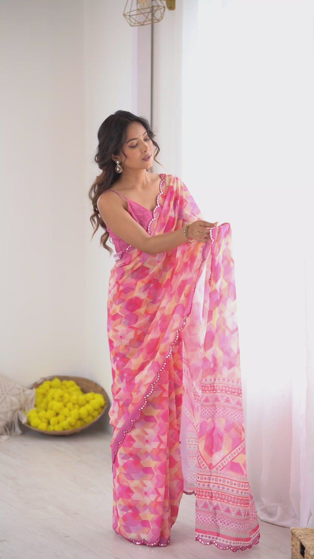 Graceful Pink Digital Printed Georgette Saree with Mirror Work & Matching Blouse
