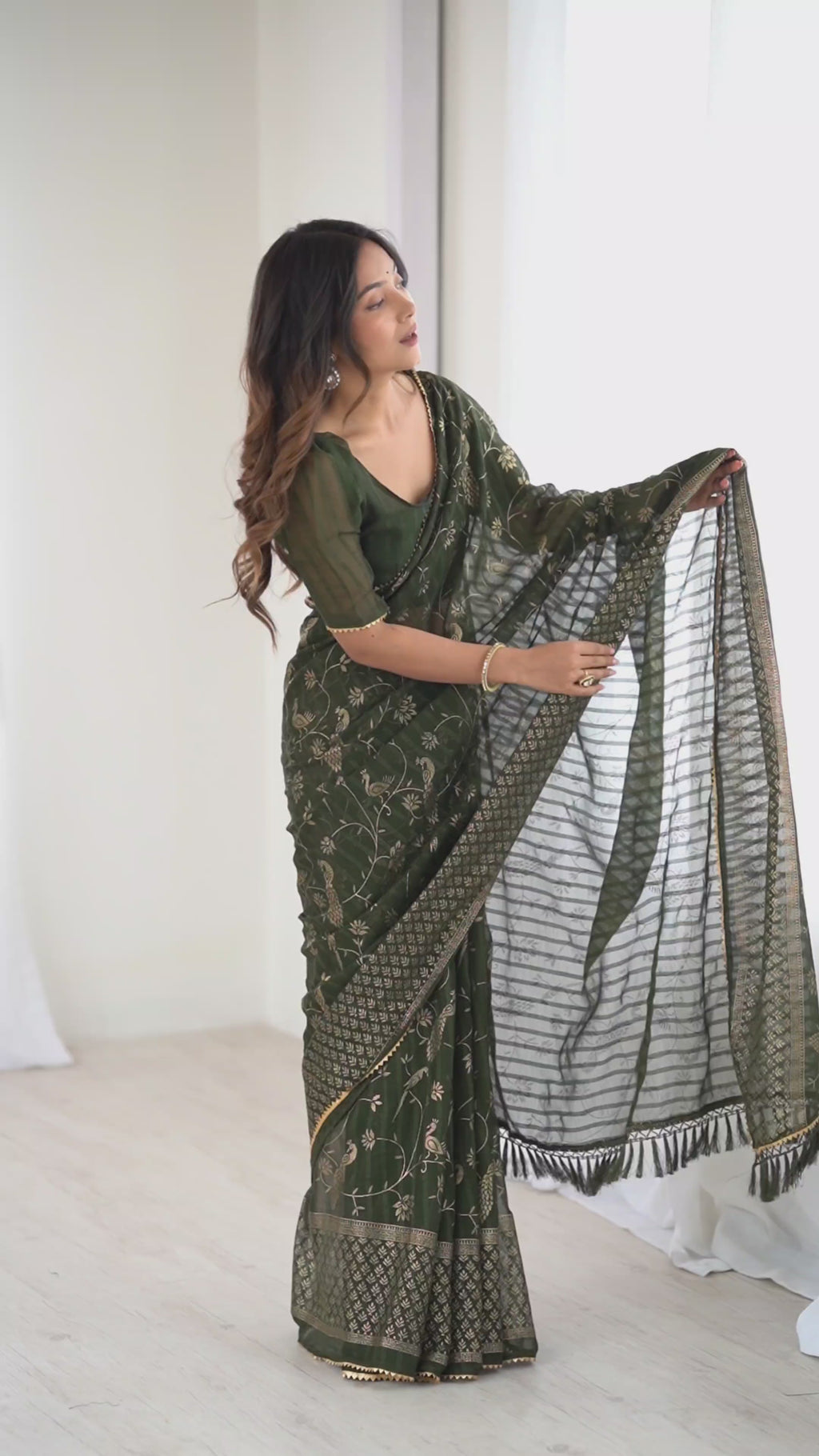 Elegant Mehendi Georgette Patta Saree with Foil Work, Small Lace & Zalar Lace