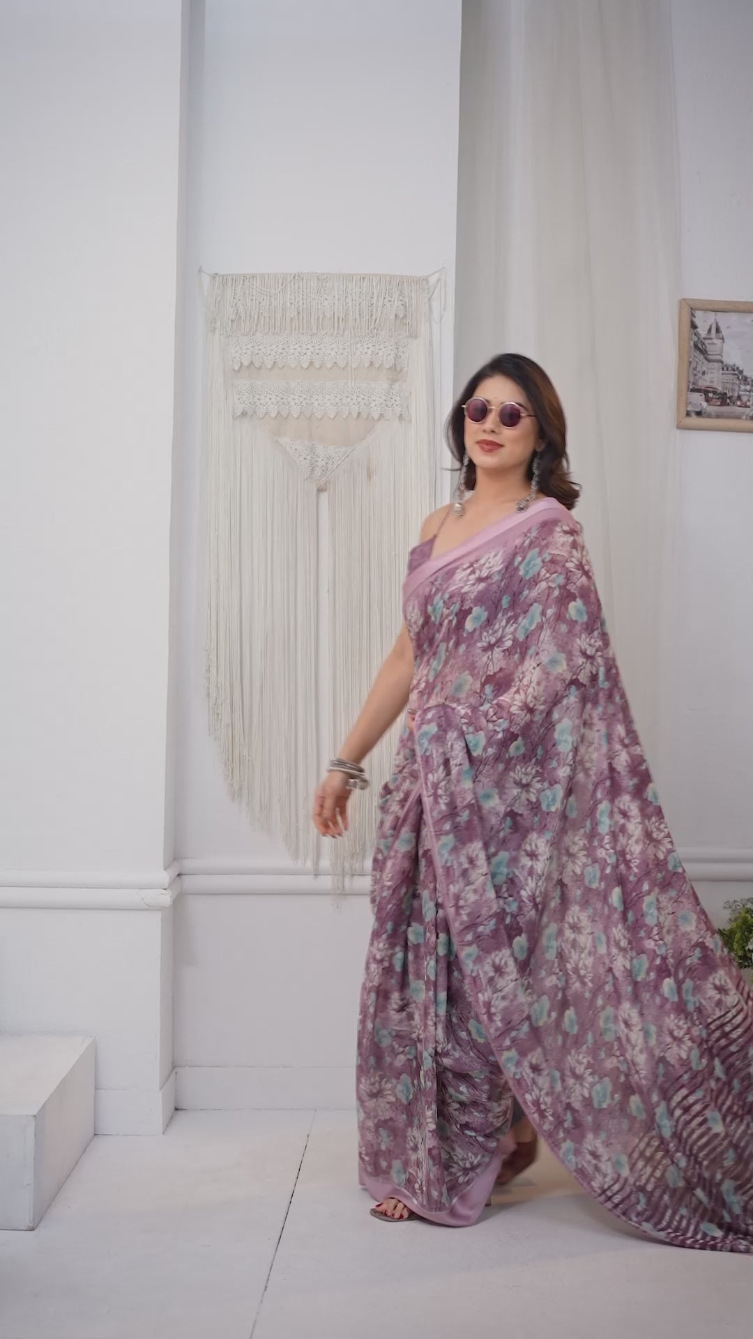 Royal Purple Bright Moss Satin Patta Printed Saree with Matching Blouse