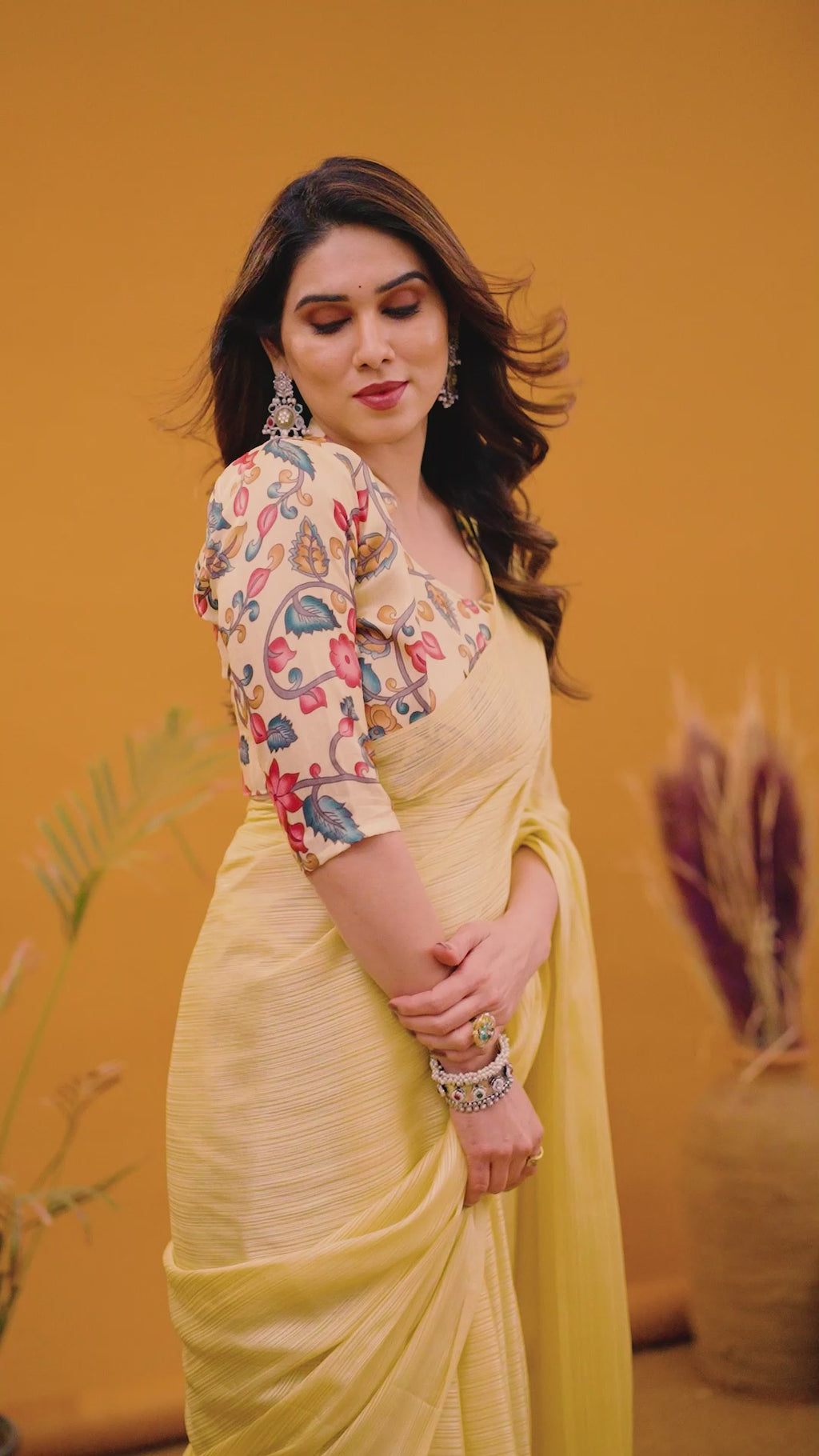 Yellow Plain Saree with Kalamkari Digital Print Blouse